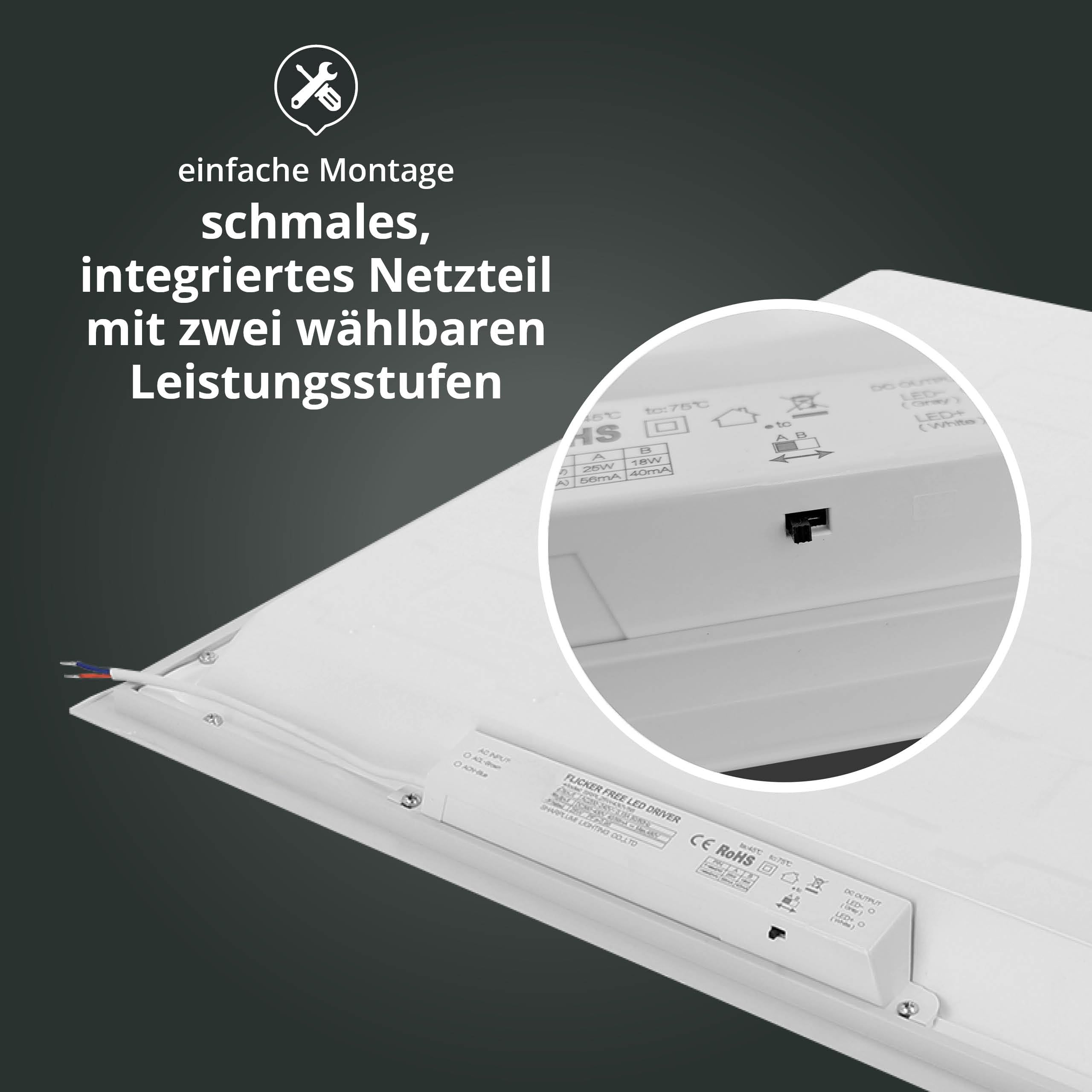2x LED Panel 62x62cm tageslichtweiß 5000K, 18W/25W, 3600lm/5000lm, flimmerfrei, blendarm, UGR≤22, extrem effiziente 200lm/W, Einlegeleuchte für Rasterdecken 62,5cm, mit Netzteil, L620xB620xH35mm