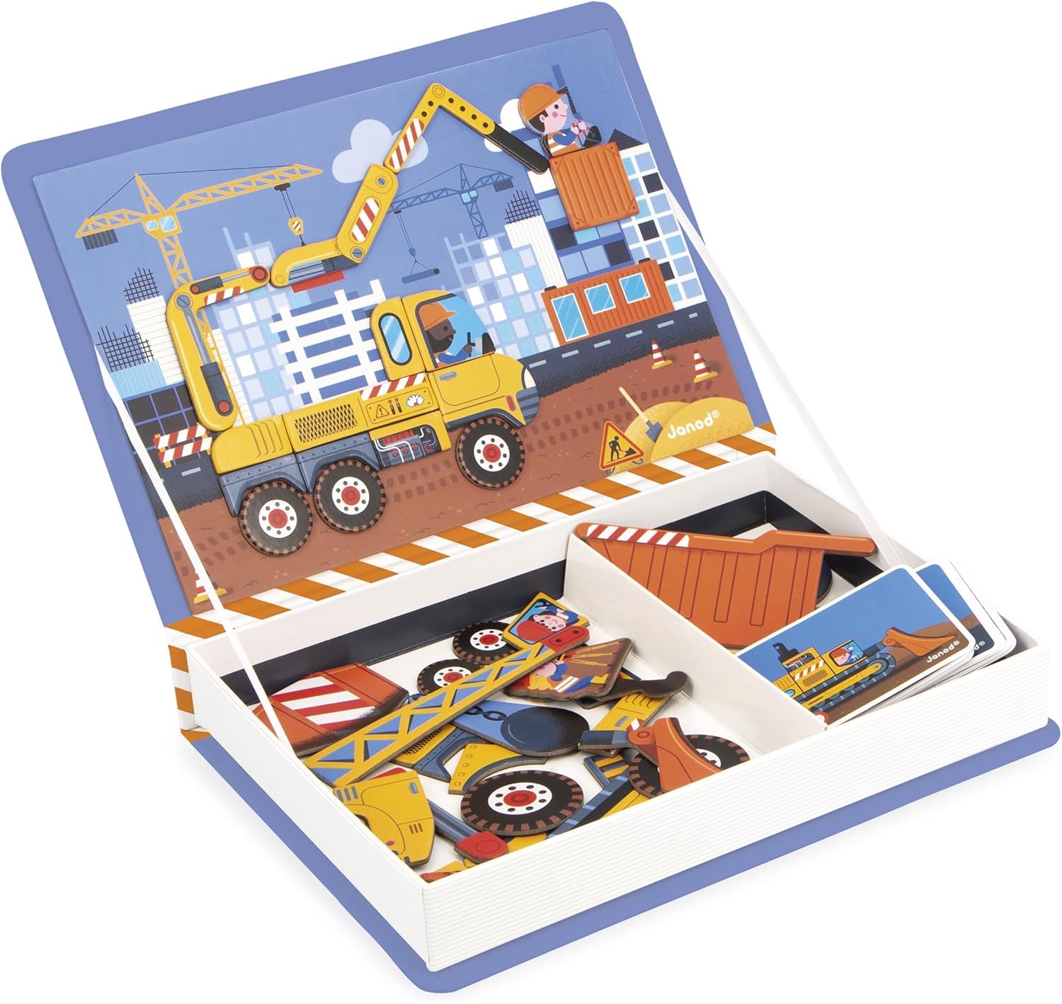 Janod - Magnéti'Book Véhicules du Chantier - Jeu Educatif Magnétique 50 Aimants + 18 Modèles - Jouet Enfant en Carton FSC - Développe Dextérité et Imagination - Dès 3 Ans - J02526