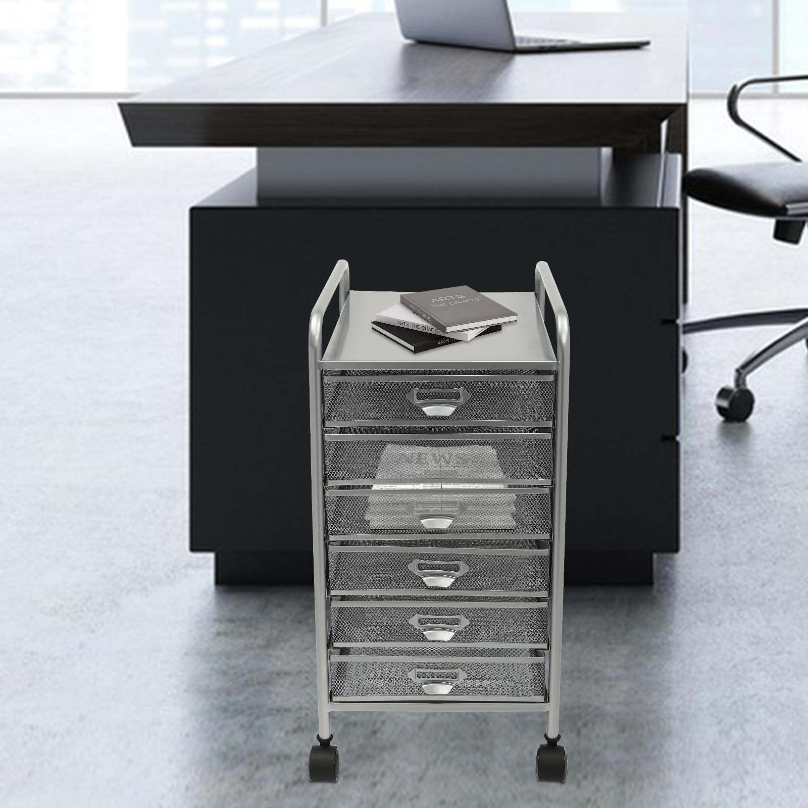 Archivador rodante con 5 o 6 cajones, Organizador de Manualidades con Ruedas, Almacenamiento Delgado para Maquillaje y Utensilios de Cocina (Plateado, 6 Niveles)