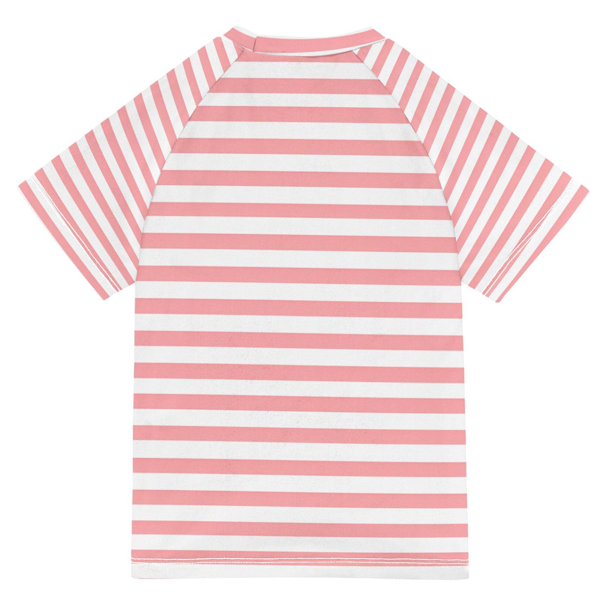 Peach Stripes Girls Bathing Suit Short Sleeves Basketball Shirt Swimwear Beach Tops 3T
