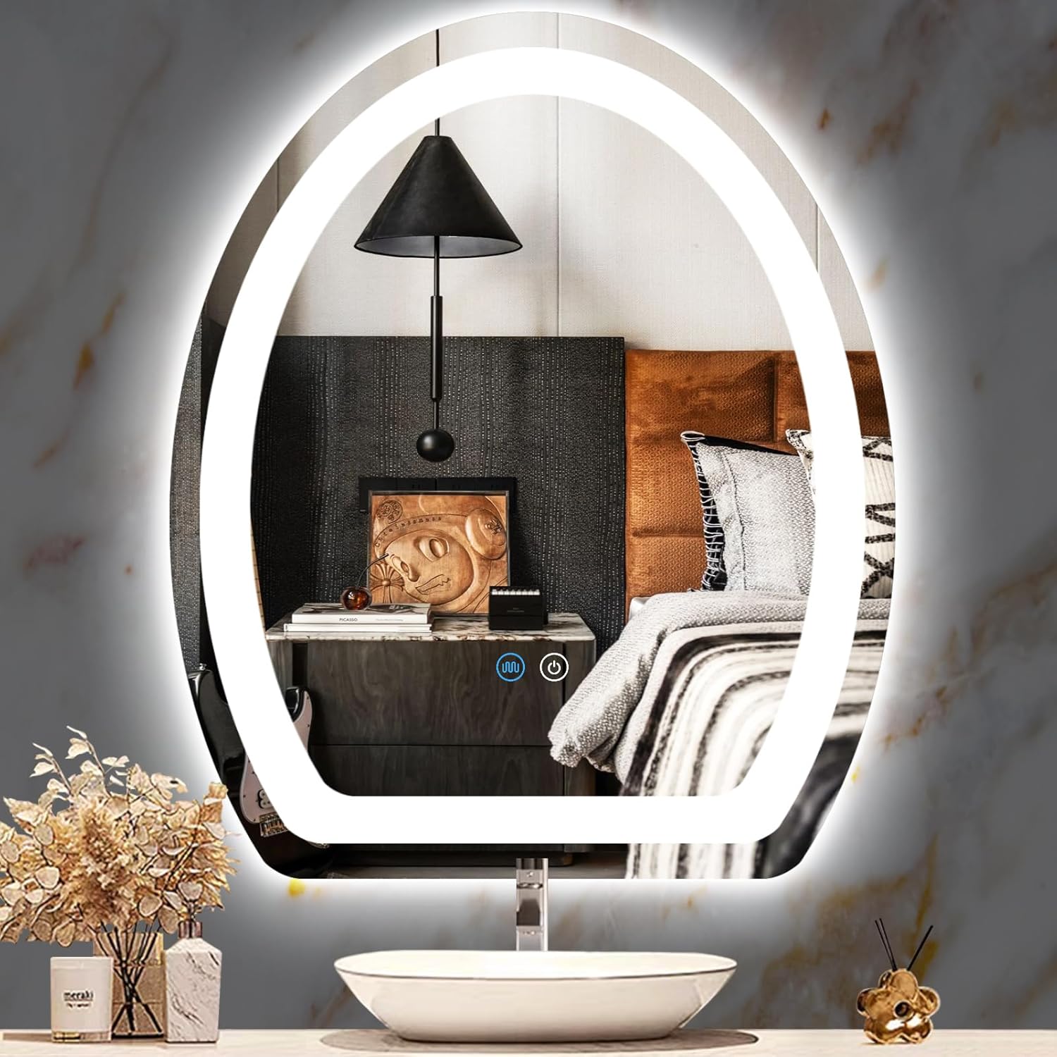 24 x 32 Inch Half Oval Vanity Mirror with Lights Smart 3 Color Dimmable AntiFog Frameless Backlit Flat Bottom Oval Lighted Mirror for Bathroom Salon Makeup Table Wall LED Egg Mirrors