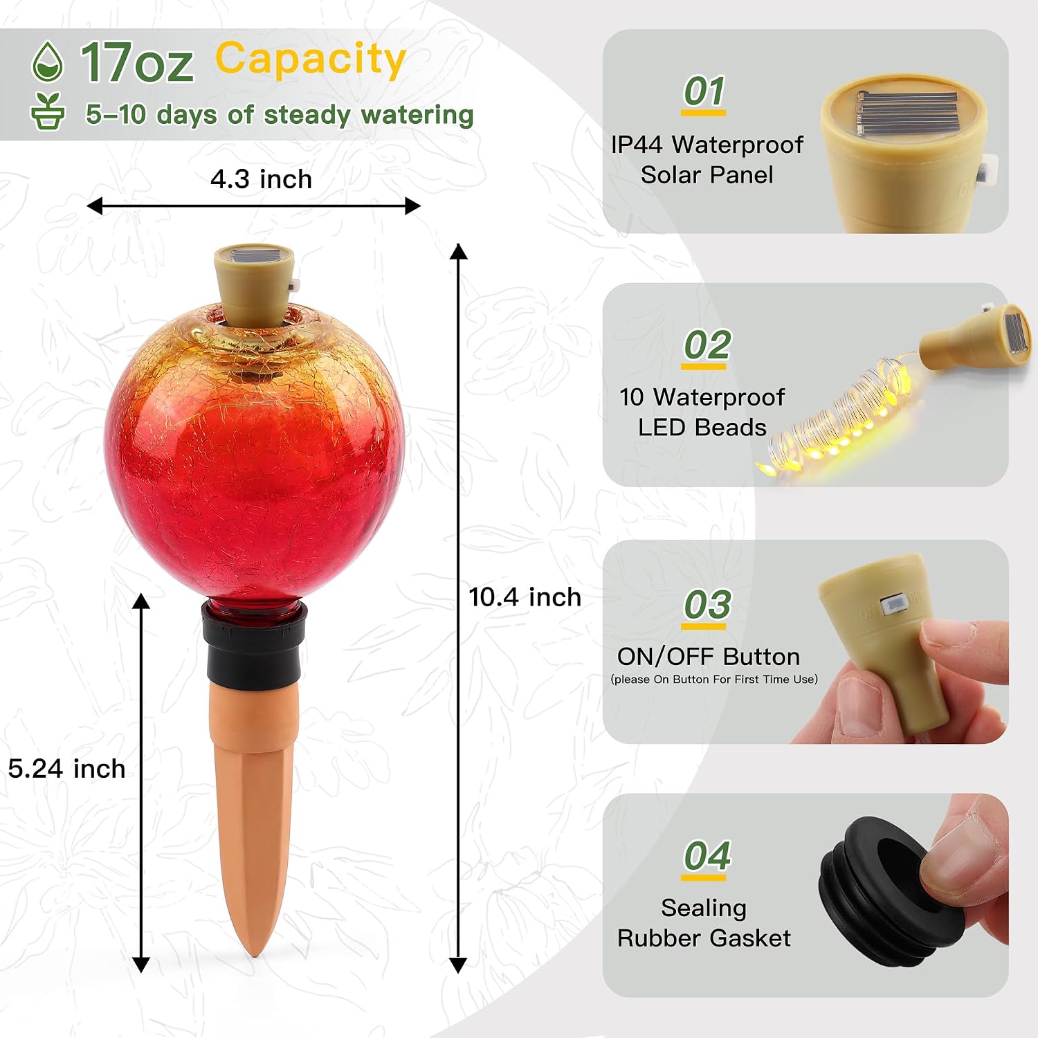 VOREEN Crackle Glass Plant Watering Globe with Terracotta Spike,Self-Watering Irrigation for Potted Plants, with Solar Accent Light for Indoor & Outdoor Décor, 17oz, Gold–Red Gradient image 4