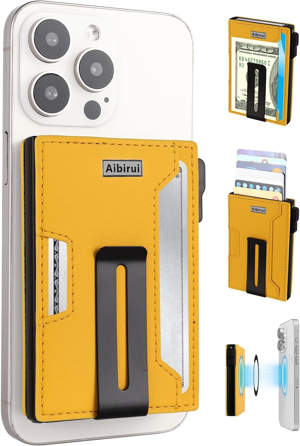 Wallet for men,Magsafe Wallet with Money Clip,Ridge Wallets for Men | Magnetic wallet for iPhone 17/16/15/14/13/12 Series,Card Holder(8 Cards & Bills), Aluminum & Microfiber Leather,Yellow