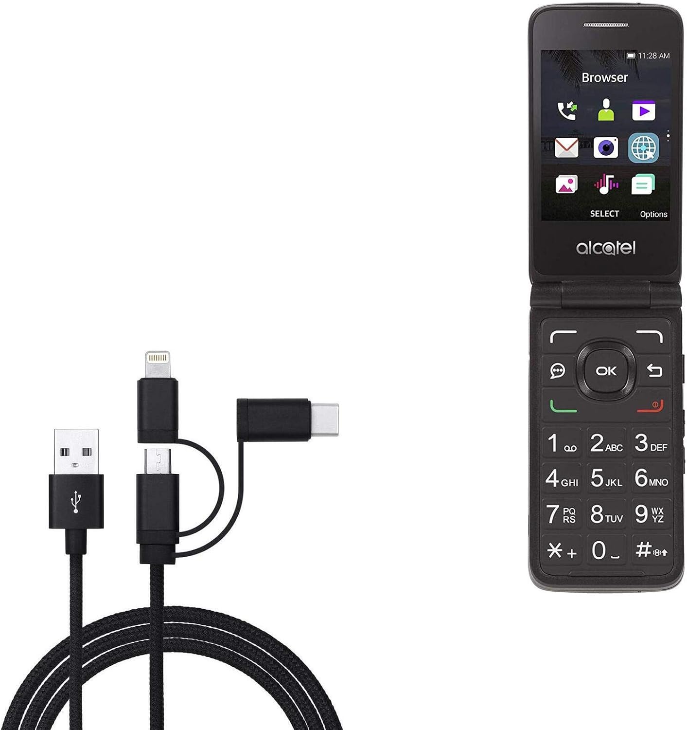 BoxWave Cable Compatible with Alcatel MyFlip - AllCharge 3-in-1 Cable - Jet Black