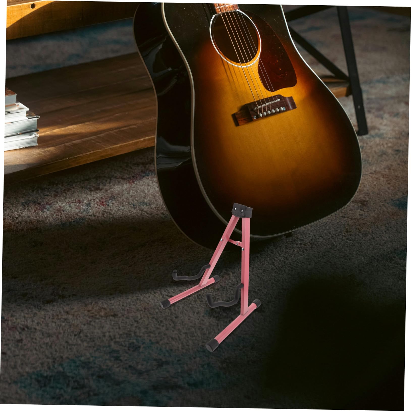 Mikikit Supporto per Chitarra da Terra in Metallo Pieghevole A-shape | Rosa, Regolabile e Portatile, per Basso e Pipa, Adatto a Palco e Esposizione Musicale