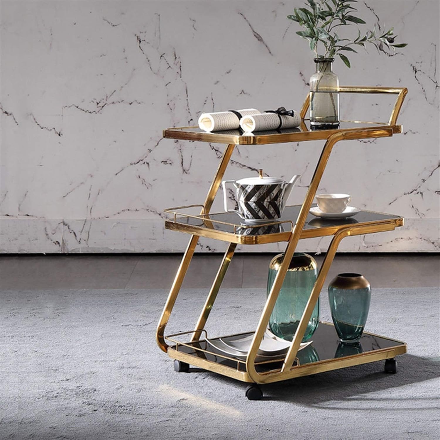 Gold Bar Cart with 4 Wheels Deluxe Tray Metal Rolling Serving Cart for Kitchen Living Room Home bar Serving carts Kitchen cart with Storage (Color : Style 3) (Style 4)