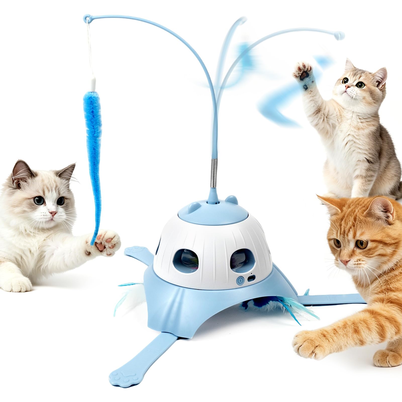 DIUDIUCAT 3-in-1 Automatic Cat Toy, Interactive Cat Toys for Indoor Cats with 360° Rotating Tail, Whack-a-Mole & Rotating Feather, USB Rechargeable, Smart Touch Activated, Quiet Motor.