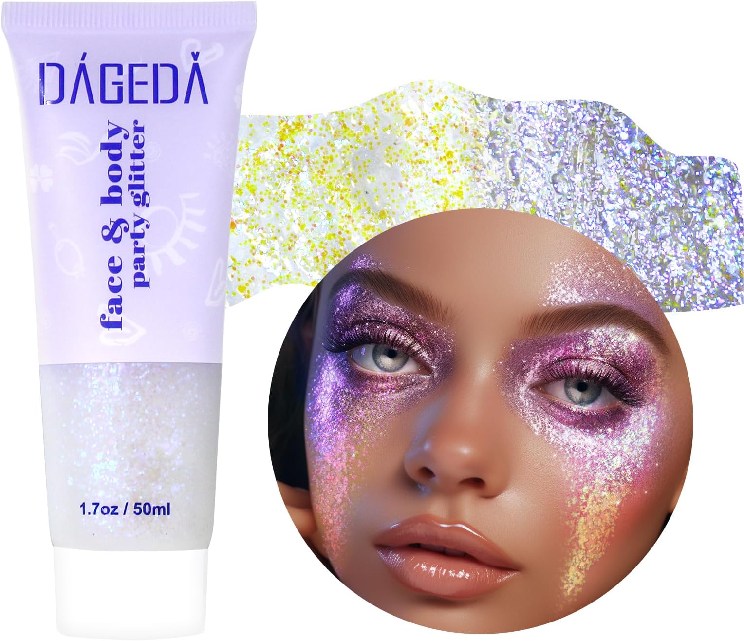 DAGEDA Body Glitter Gel, Holographic Face Glitters Body Gel Shimmer Liquid Eyeshadow, Color Changing Glitter for Face Hair Nails, Glitter Under Light Festival Glitter Makeup 1.7oz (Mystic Purple)
