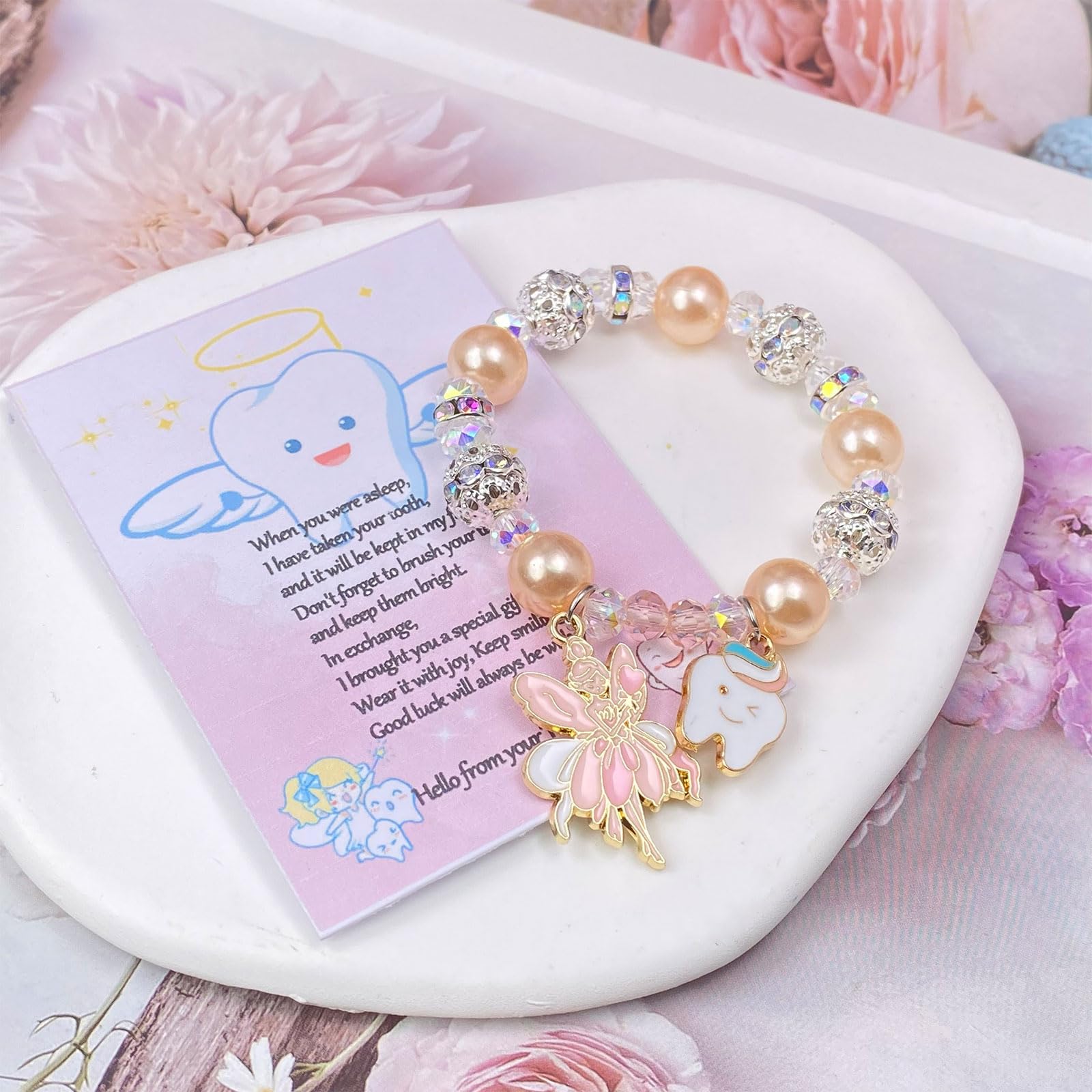 Prezenty z wróżką z zębami, bransoletka wróżki z zębami, prezent z wróżką z pierwszymi zębami, prezent dla córki, wnuczki, nude pink