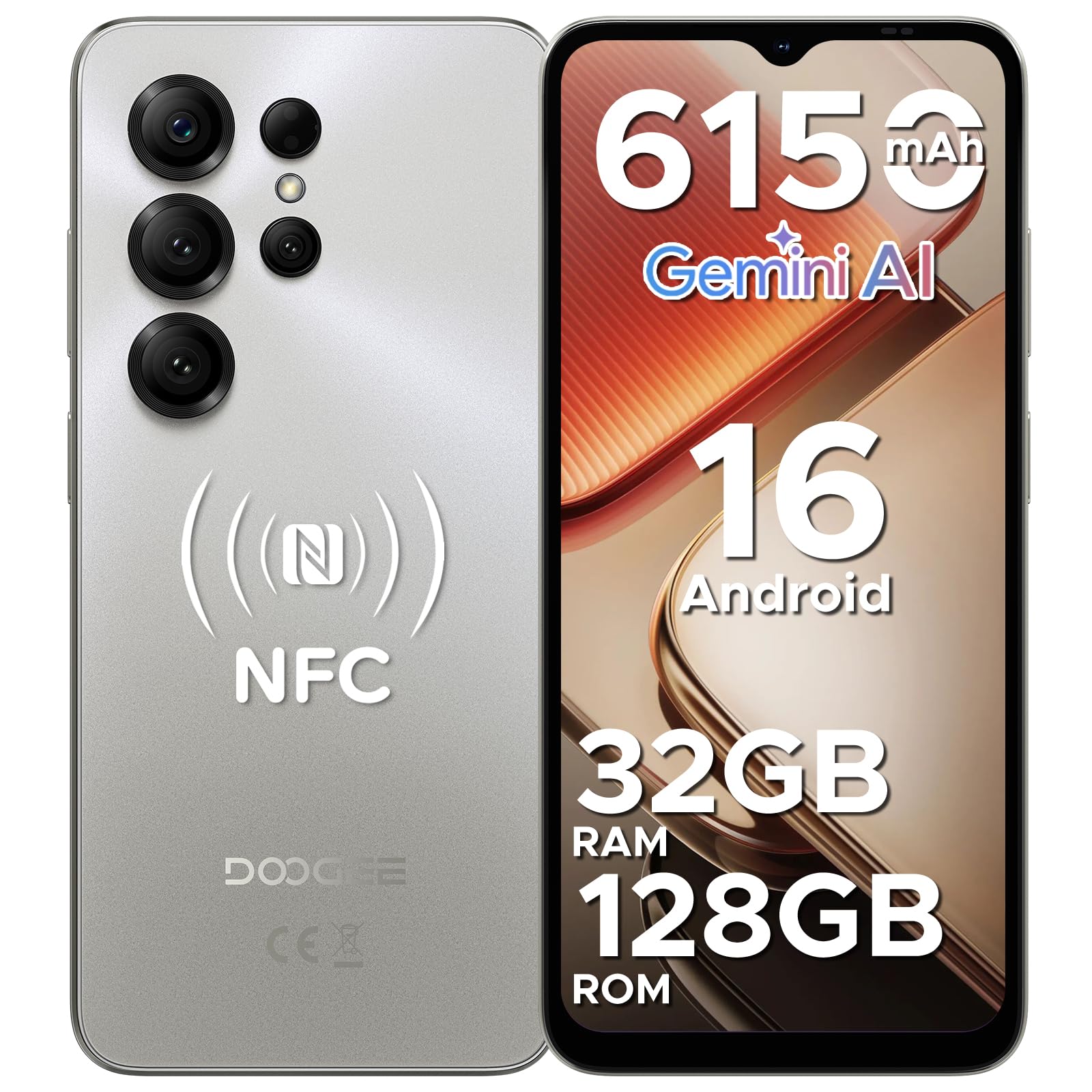 DOOGEE NOTE 56X PRO Android 16 Smartphone, 6150mAh Batteria,UNISOC T7225 Telefono, 6.56"HD+90Hz Display, 32GB+128GB, 13MP+8MP Cellulare, NFC/Widevine L1/Face Unlock/Side Fingerprint Recognition, Plain