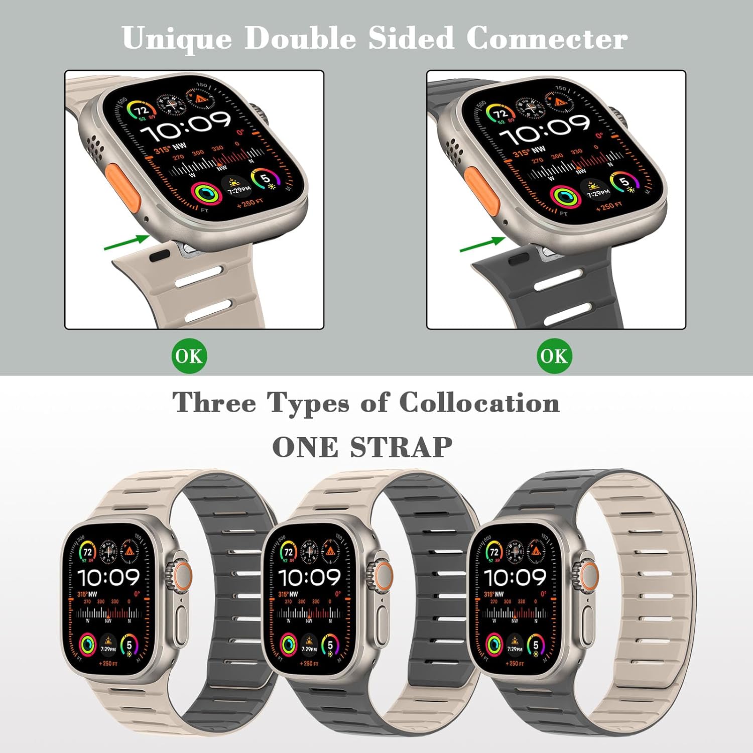 HITZEE Double Sided Reversible Magnetic Band Compatible with Apple Watch Band 49/46(S11/10)/45/44/42mm, Breathable Soft Band for iWatch Ultra 3/2/1 SE3-1 Series 11 10 9 8 7 6-1, Beige/Gray