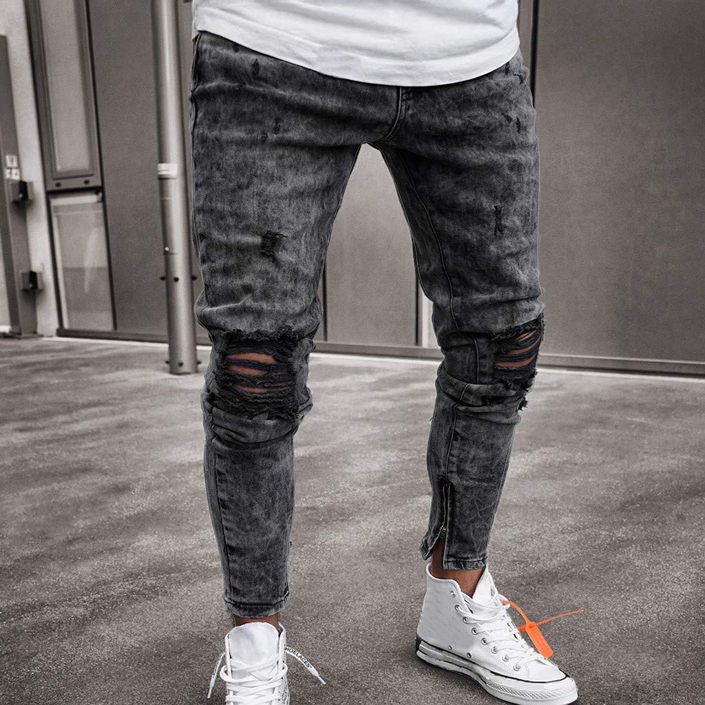 Jeans Uomo Slim Fit Strappati, Pantaloni Di Jeans Da Uomo Tempo Libero Stretch Rilassato Fori Nel Ginocchio Denim Pantaloni Regular Fit Jeans Da Lavoro Jeans Moto Moda Versatile Per Tutte Le Occasioni