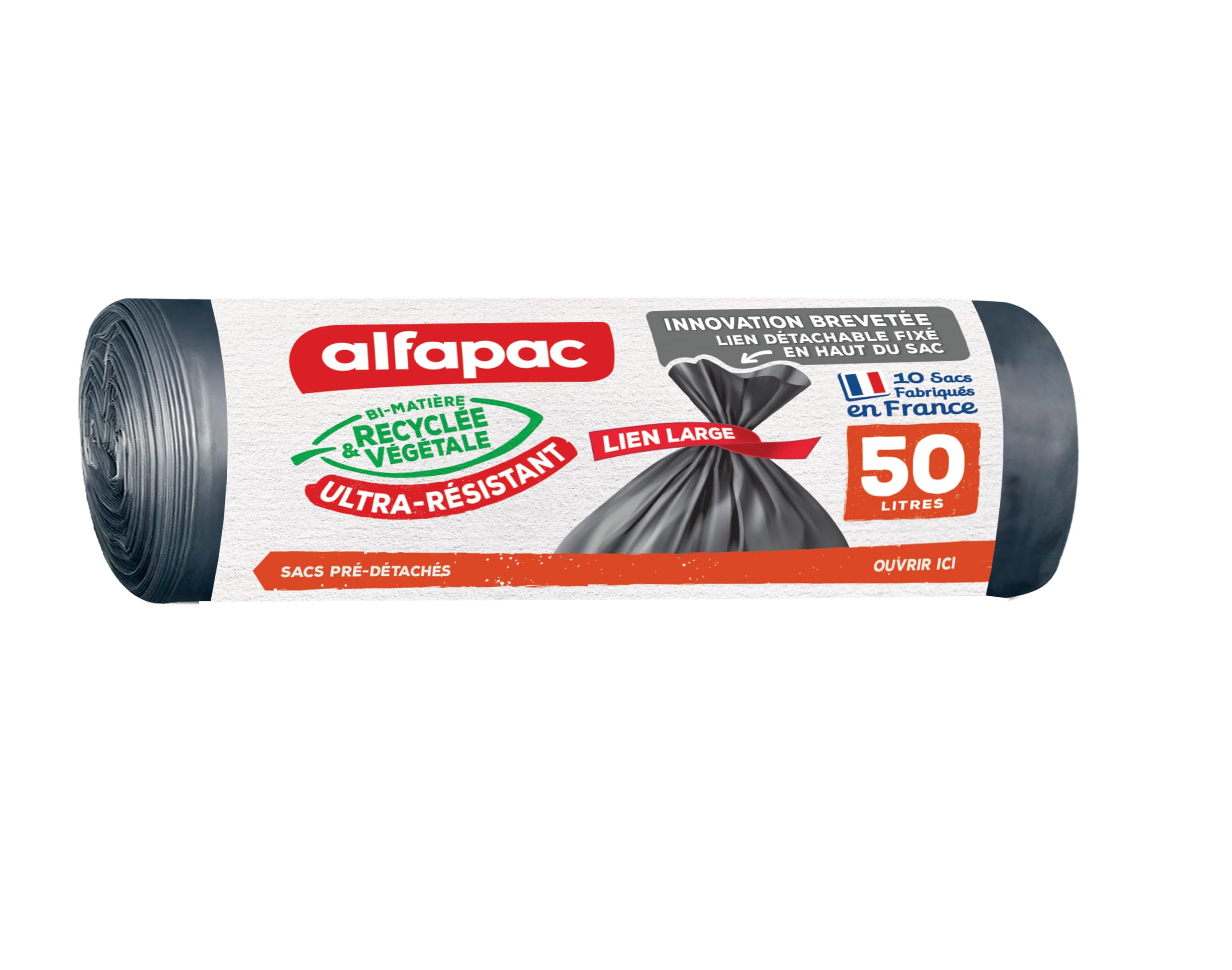 Sac-poubelle 50L alfapac haut de gamme en matière végétale et recyclée gris