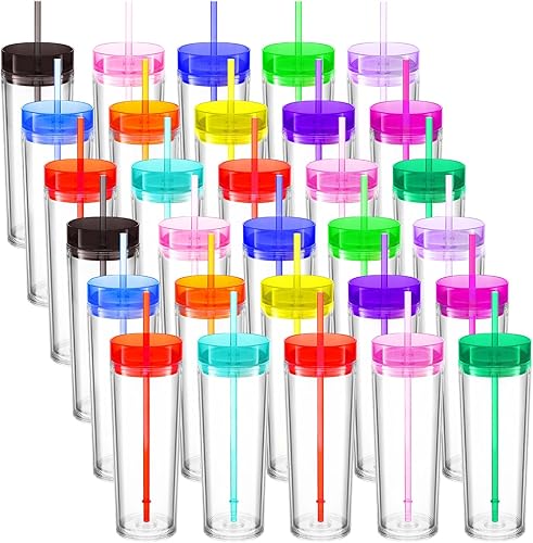 Miniatura 1 de 30 vasos delgados de acrílico transparente con tapas y pajitas, vasos delgados de 27 onzas, vasos de plástico de colores a granel, vasos aislados de