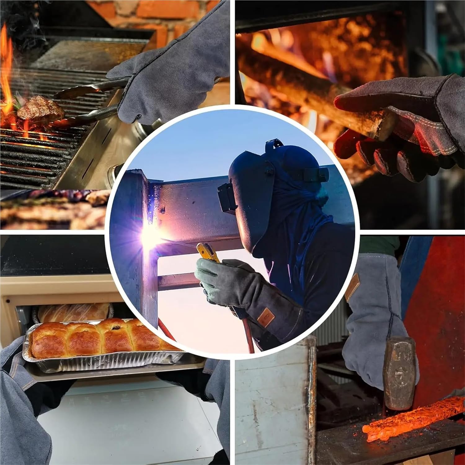 16 Inch Heat Leather Welding Gloves, Large Mitts for Grill Fireplace Forge Baking Furnace Stove Pot Holder