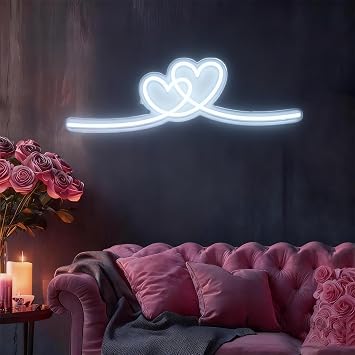 White Double Heart Neon Sign,Dimmable Neon Heart Lights, LED Love Decorations Lamp 5V USB Power for Birthday,Wedding,Valentine's Day,Party Decor