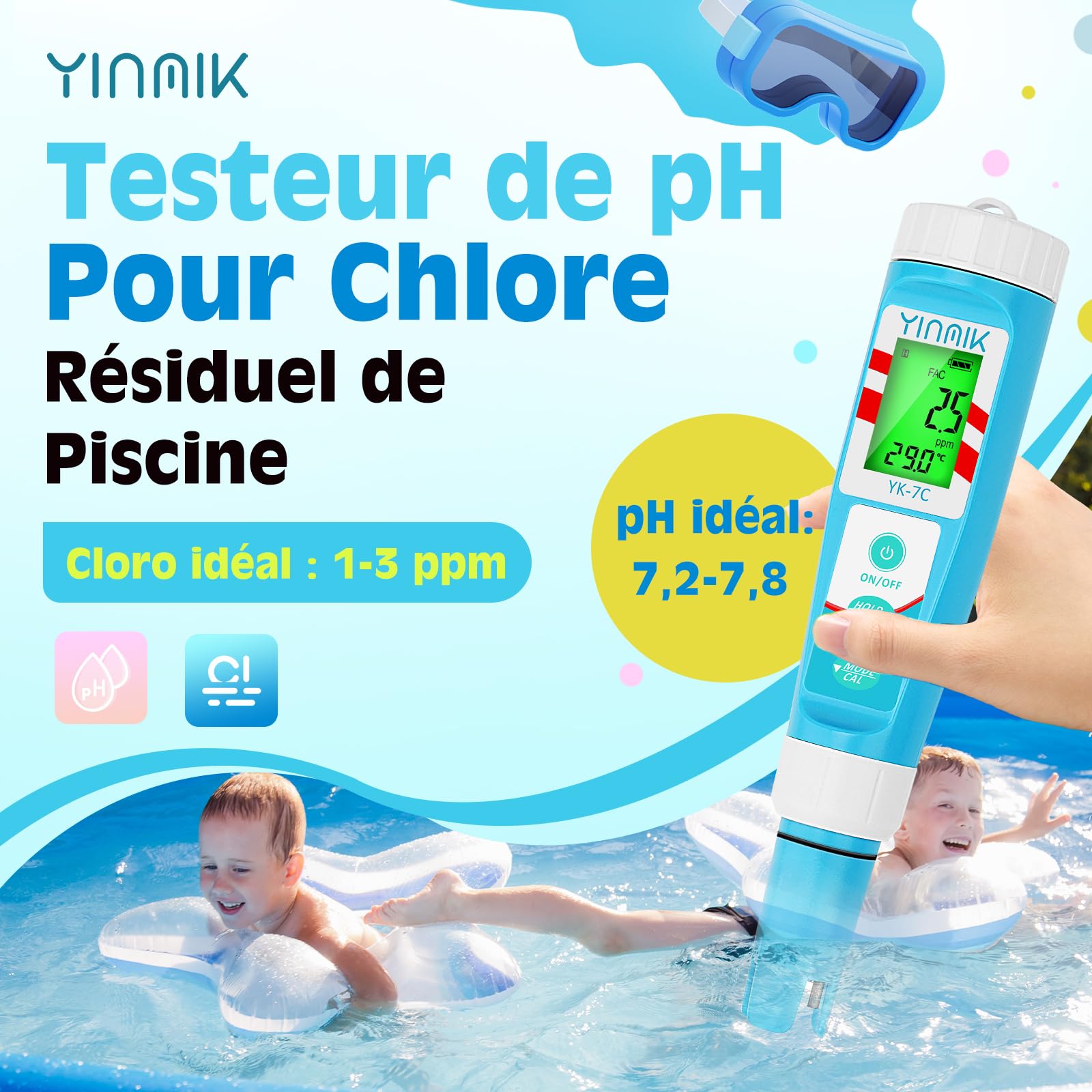 YINMIK Testeur Chlore Piscine, Testeur pH et Chlore, Testeur pH Sel Piscine,Testeur pH Electronique Tester le Bain d'eau Salée du Bain,Hydroponique, Spa