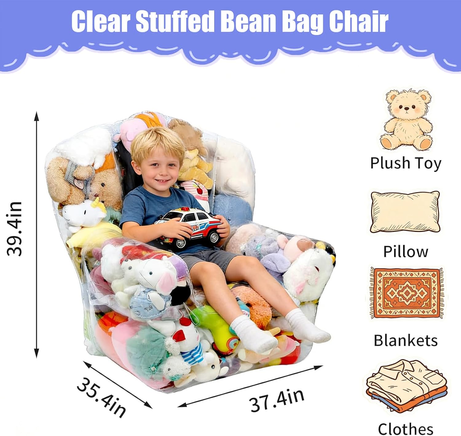 clear stuffed animal bean bag chair cover for kids, waterproof large stuffable beanbag chair cover, creative pvc plush toys storage, for children rooms soft stuff animal(large square) x-large