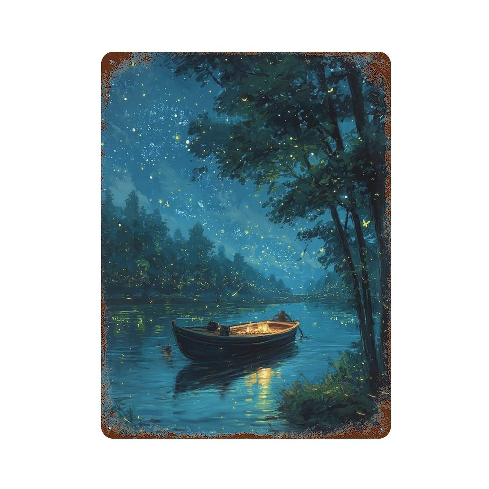 Firefly River Boat Night Scene -1 Rust Effect Tin Sign 15.7"x11.8", Farmhouse Wall Decor for Living Room, Hallway And Home Decor