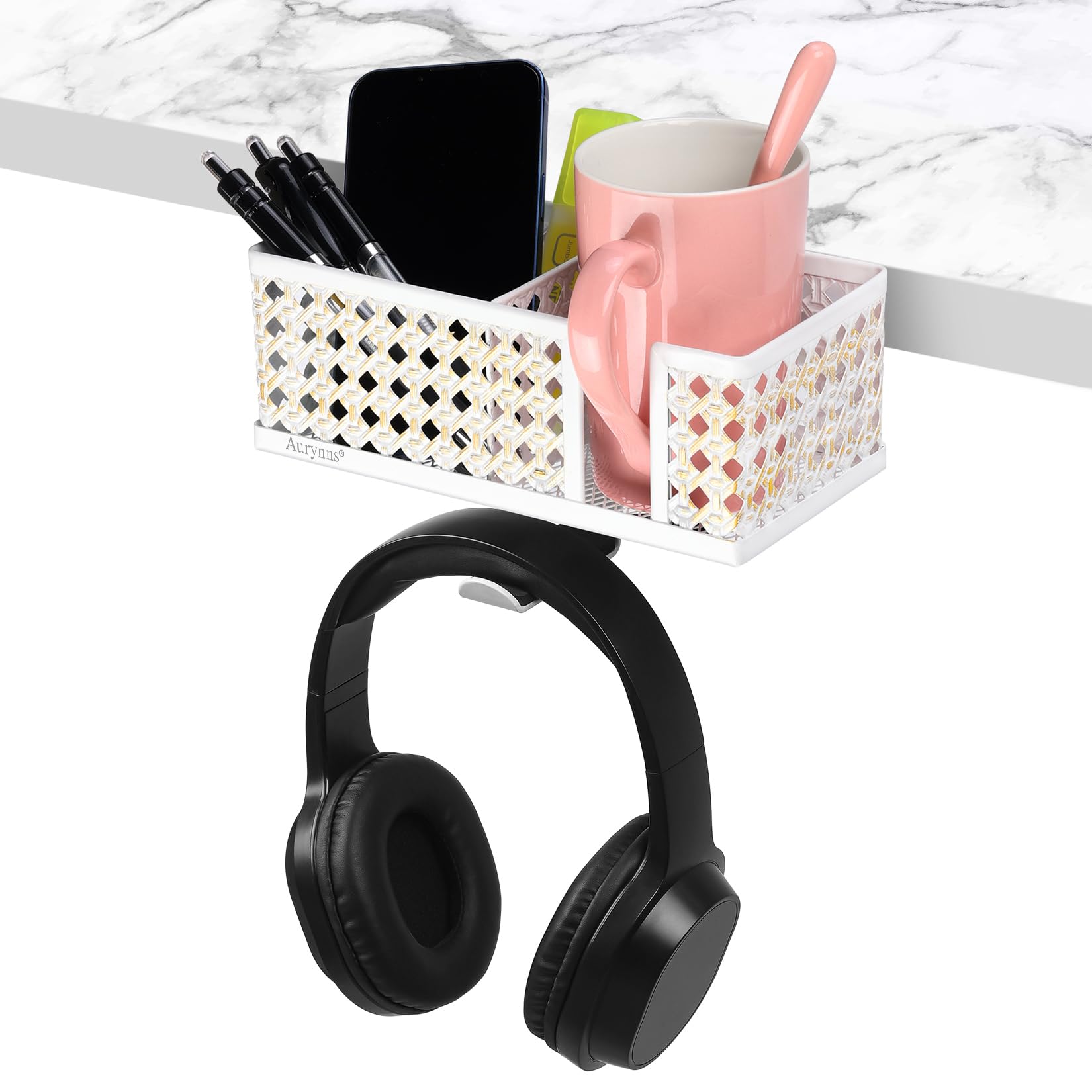 Aurynns Desk Cup Holder, Clip on Cup Hook, Pen Holder Clamp Desk Organizer Pencil Holder Phone Holder Desk Storage for Office School Home (White&RubbingGold)
