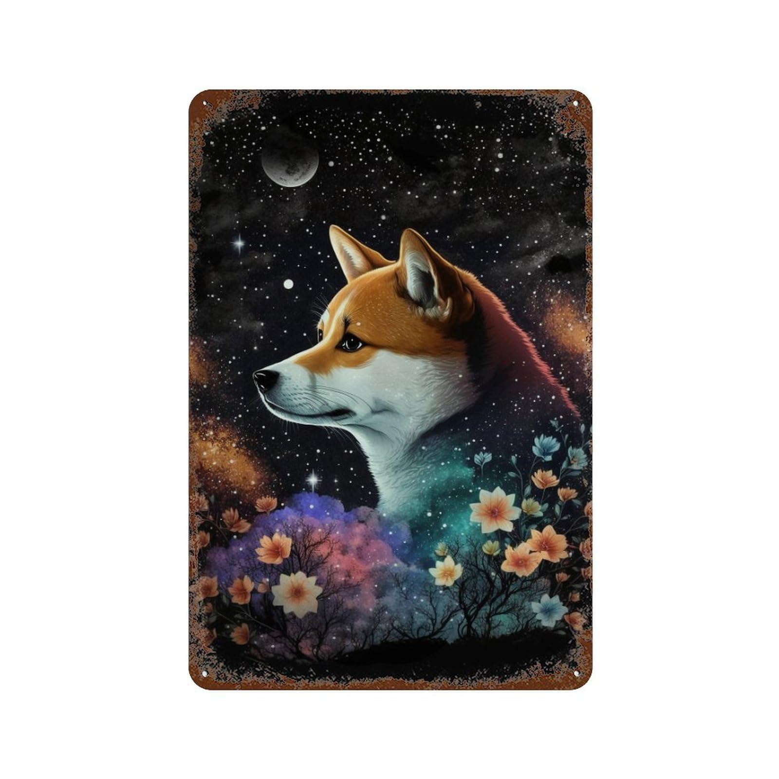 Rustic Tin Plaque with Galactic Fox with Flowers Design 11.8"x7.9", for Pub, Kitchen And Man Cave Decor, Old School Wall Decor