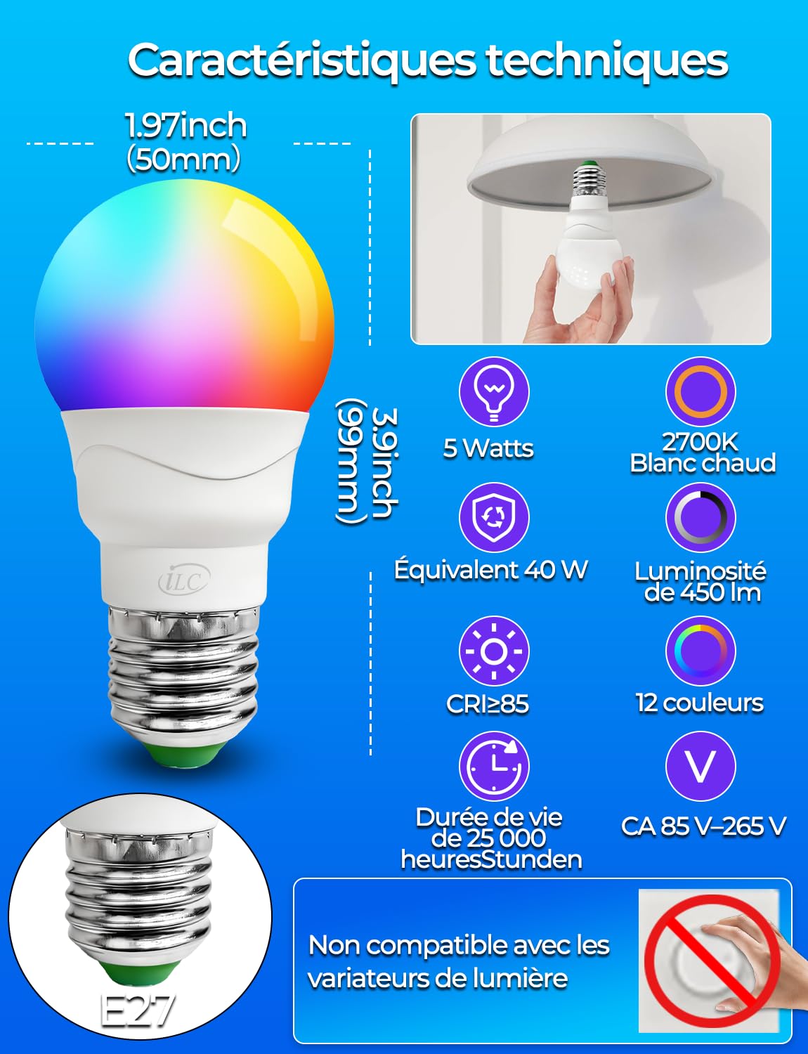 iLC Ampoule Couleur LED, Équivalent 40W, E27 Telecommande Blanc Chaud (2700K) Changement de couleur Ampoule 5W - RGB 12 choix de couleur - Edison Screw (Lot de 4)
