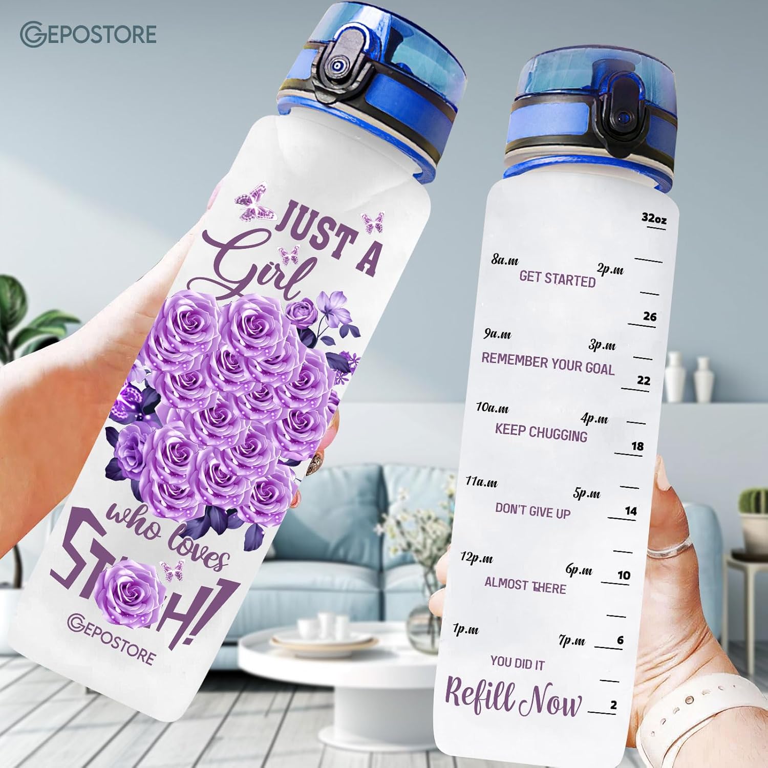 Blue Allien 32 Oz Water Track Bottle, Just A Girl Who Loves Bottle With Time Marker, Bottles, Motivational Insulated , Gift For Coon Lovers, Purple - Image 5