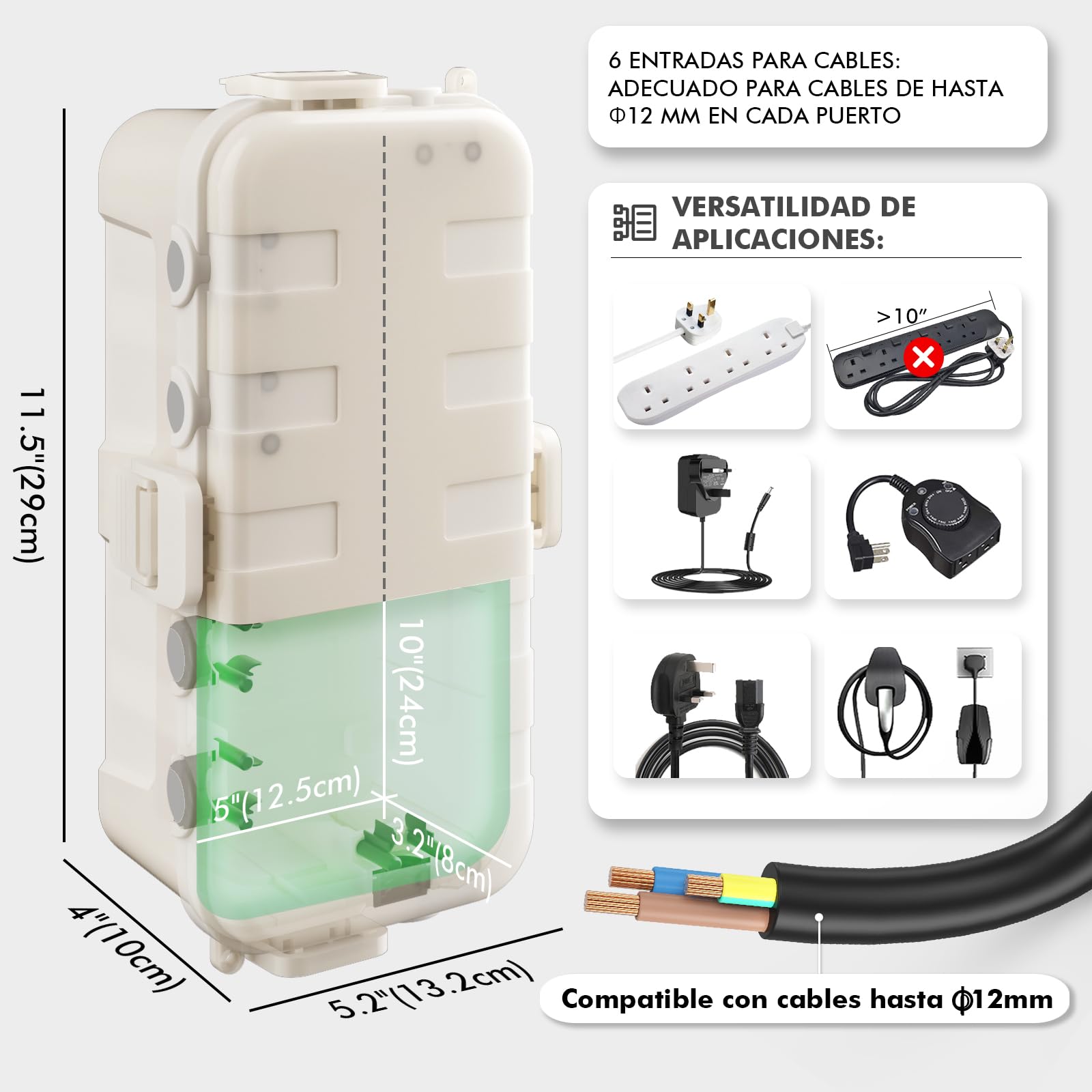 RESTMO Medium caja de cables impermeable para exteriores, IP54, caja de cables exterior, ideal para proteger cables de extensión, regletas y enchufes angulares (29cm x 13,2cm x 10cm), color almendra