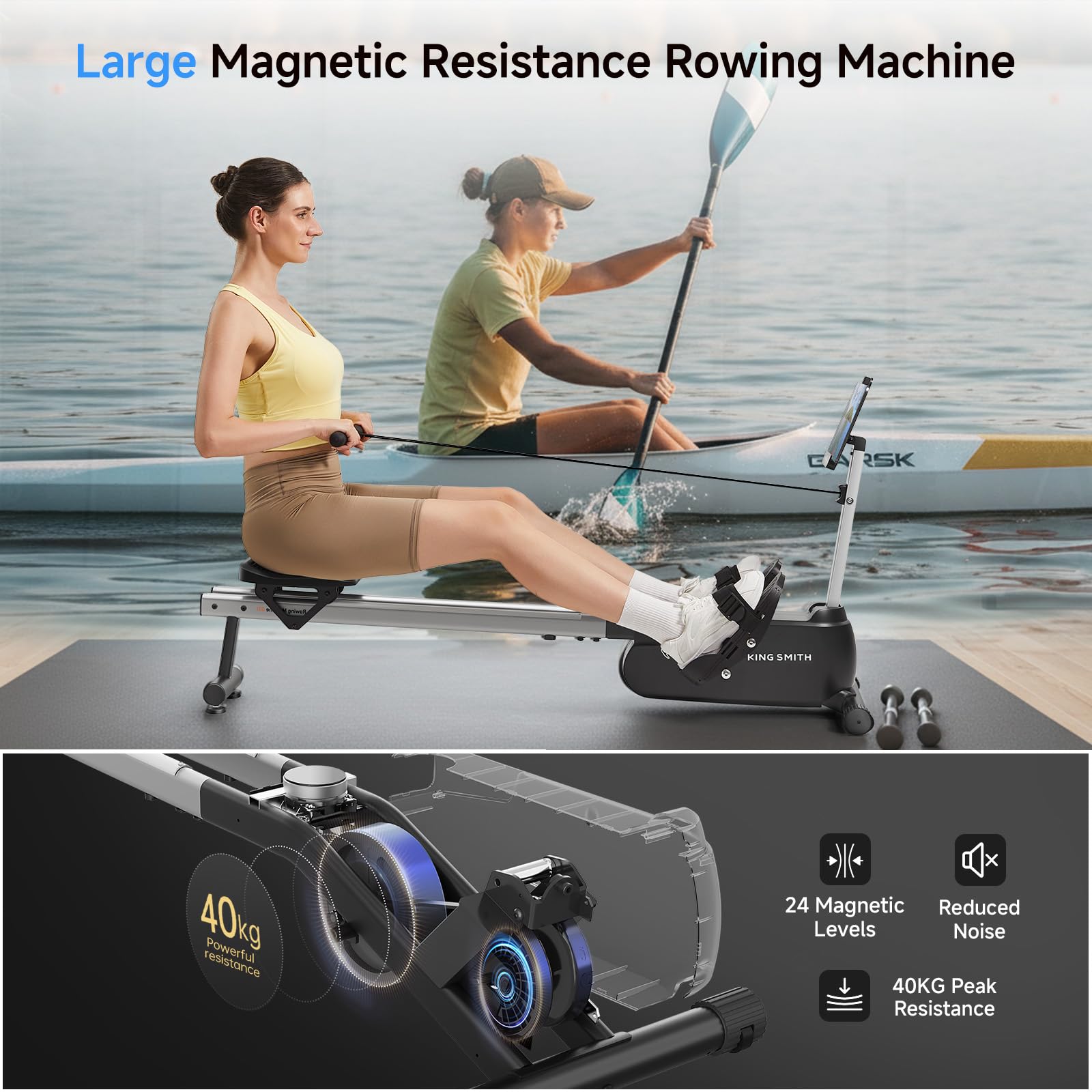 King Smith Máquina de Remo para Casa, Remo Magnético Silencioso con 24 Niveles de Resistencia, Capacidad de Peso de 350LBS con Monitor LED, Compatible con la Aplicación Negro