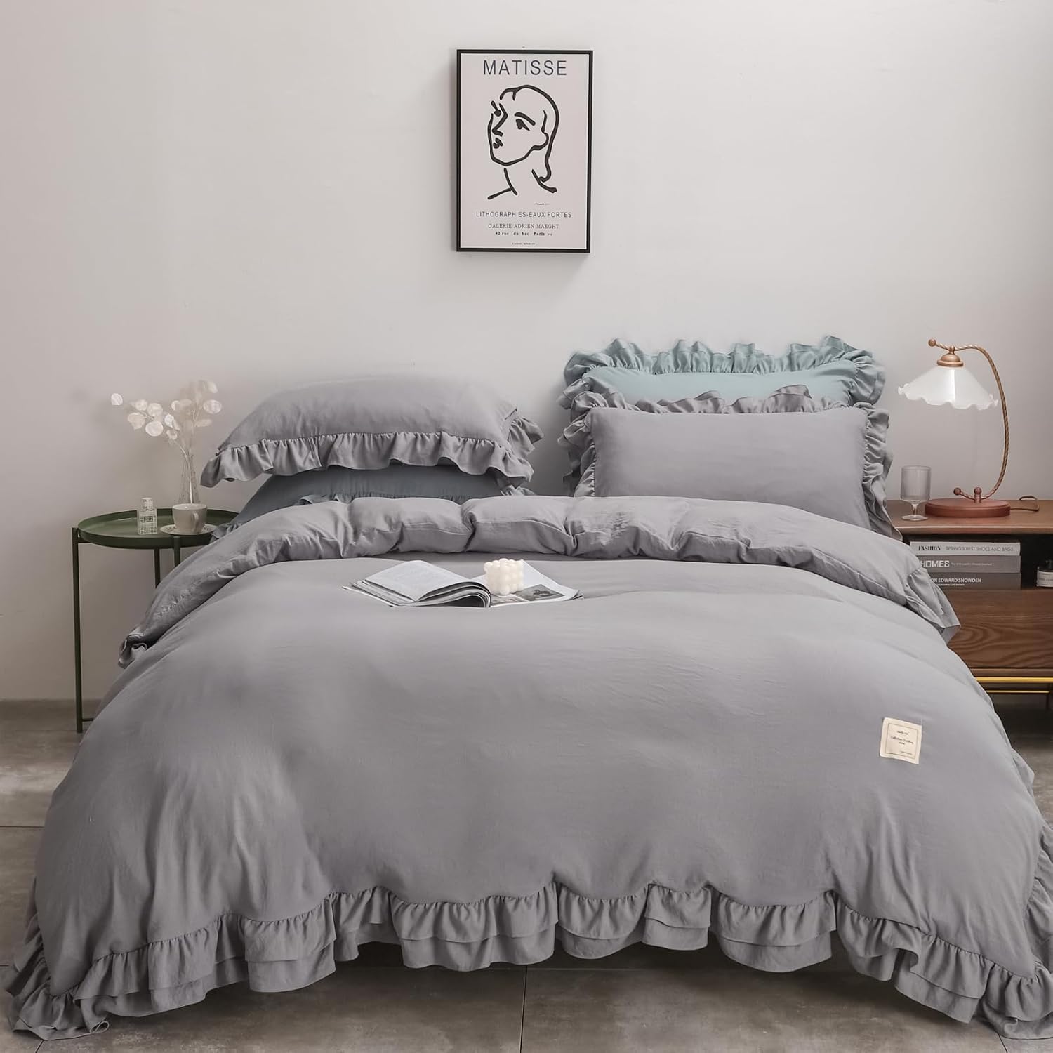 3 Pcs Duvet Cover Queen Size - 1 Gray Ruffle Duvet Comforter Cover with 2 Shabby Pillow Cases Ultra Soft Decorative Farmhouse Zipper Closure Breathable Quilt Cover Set Washed Cotton Bedding Bag Set