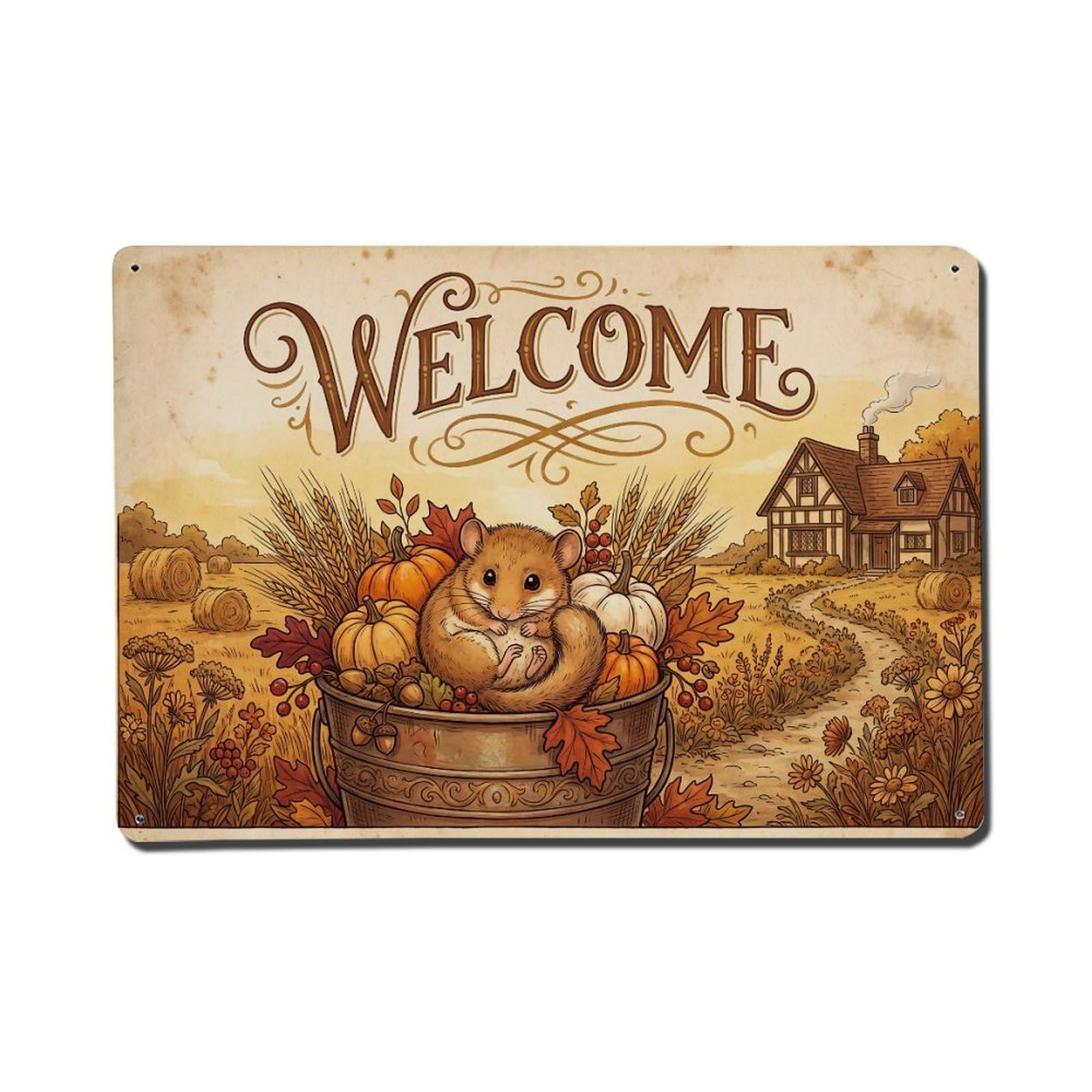 Vintage Welcome Dormouse Rustic Charm Metal Tin Sign