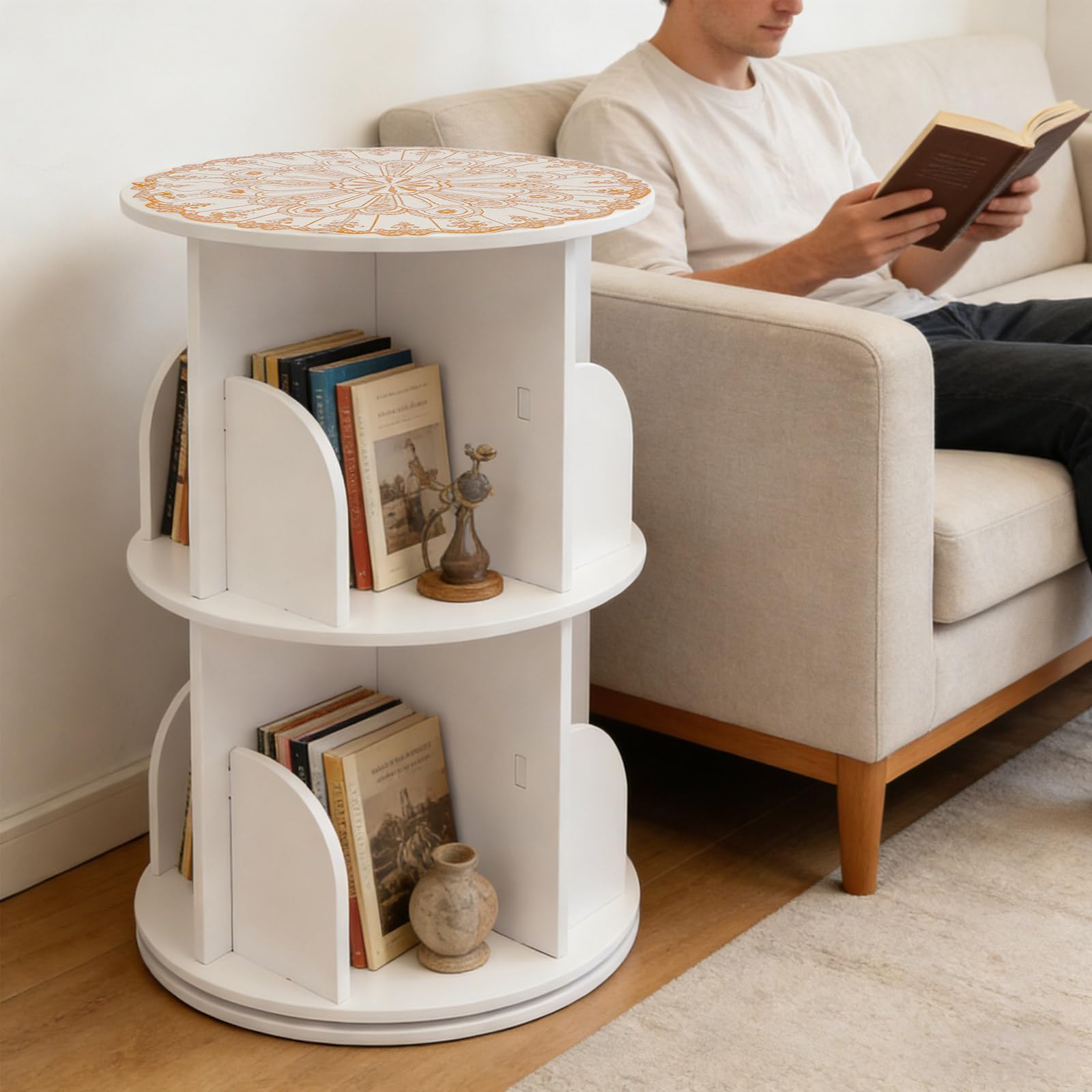Drehbares Bücherregal Rund Bücherregal Kinder 360 Grad Rotierend Standregal Aufbewahrung, 2 Etagen 8 Fächer PVC Platzsparend Wohnzimmer Schlafzimmer Büro Weiß