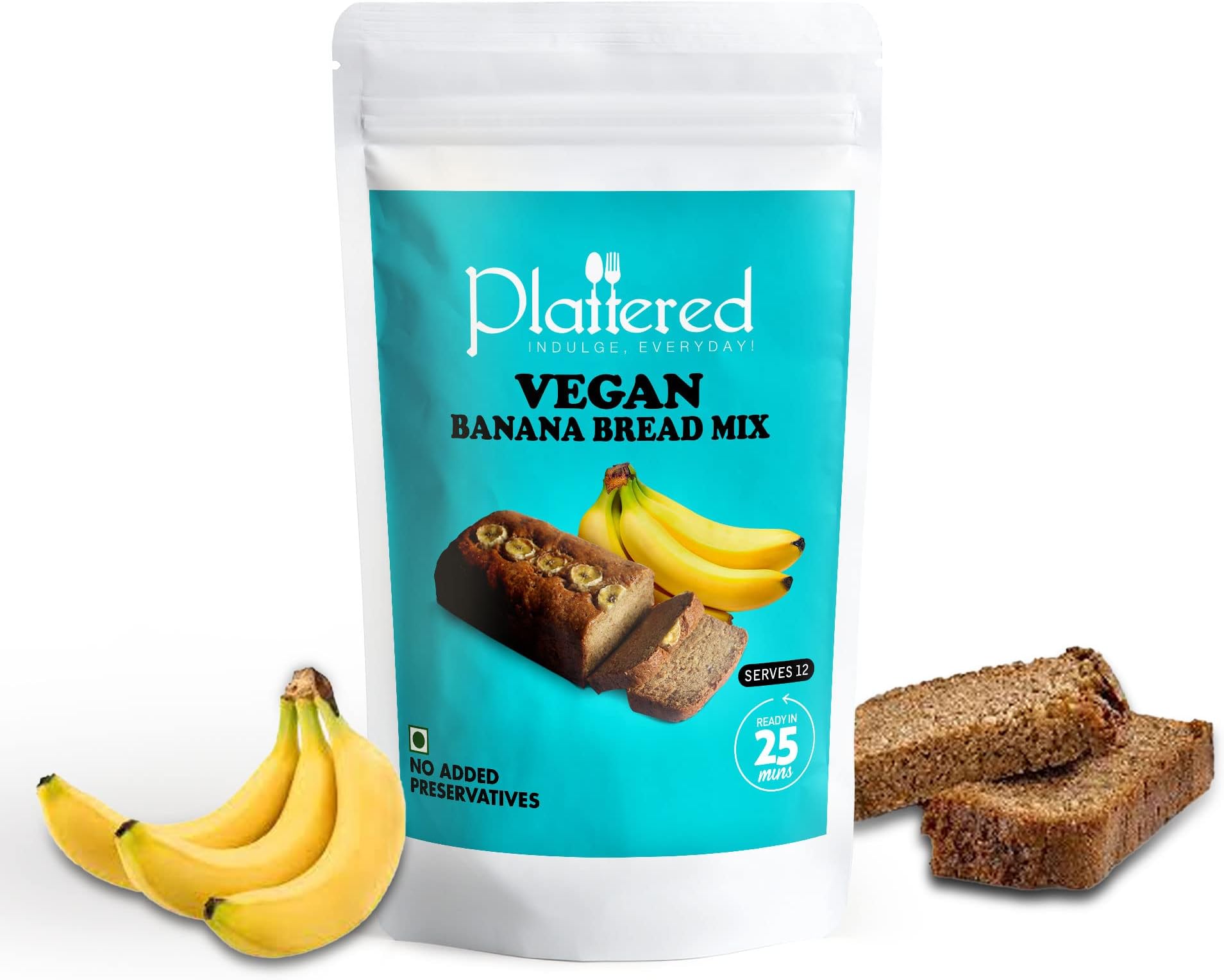 Plattered - Vegan Banana Bread Mix 320 Gm - Instant Cake Mix Powder - Can be Made in Cooker- Eggless, 3 Easy Steps Whisk, Scoop & Bake - Natural & Vegan - Cinnamon Cake Base - Pack of 1