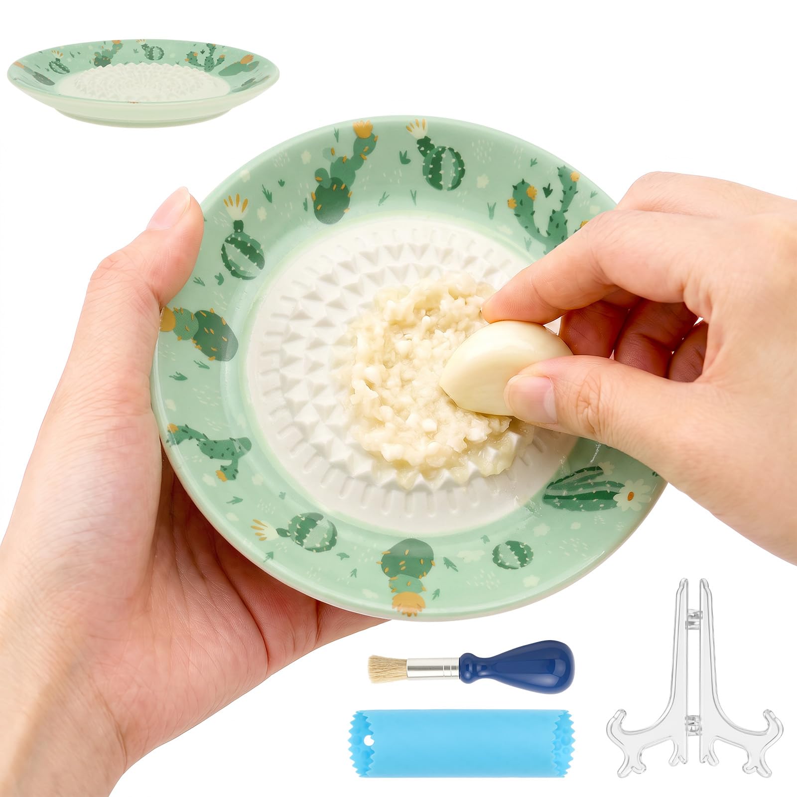 Garlic Grater Plate Set including Brush and Peeler, Dishwasher Microwave Safe, Green Cactus