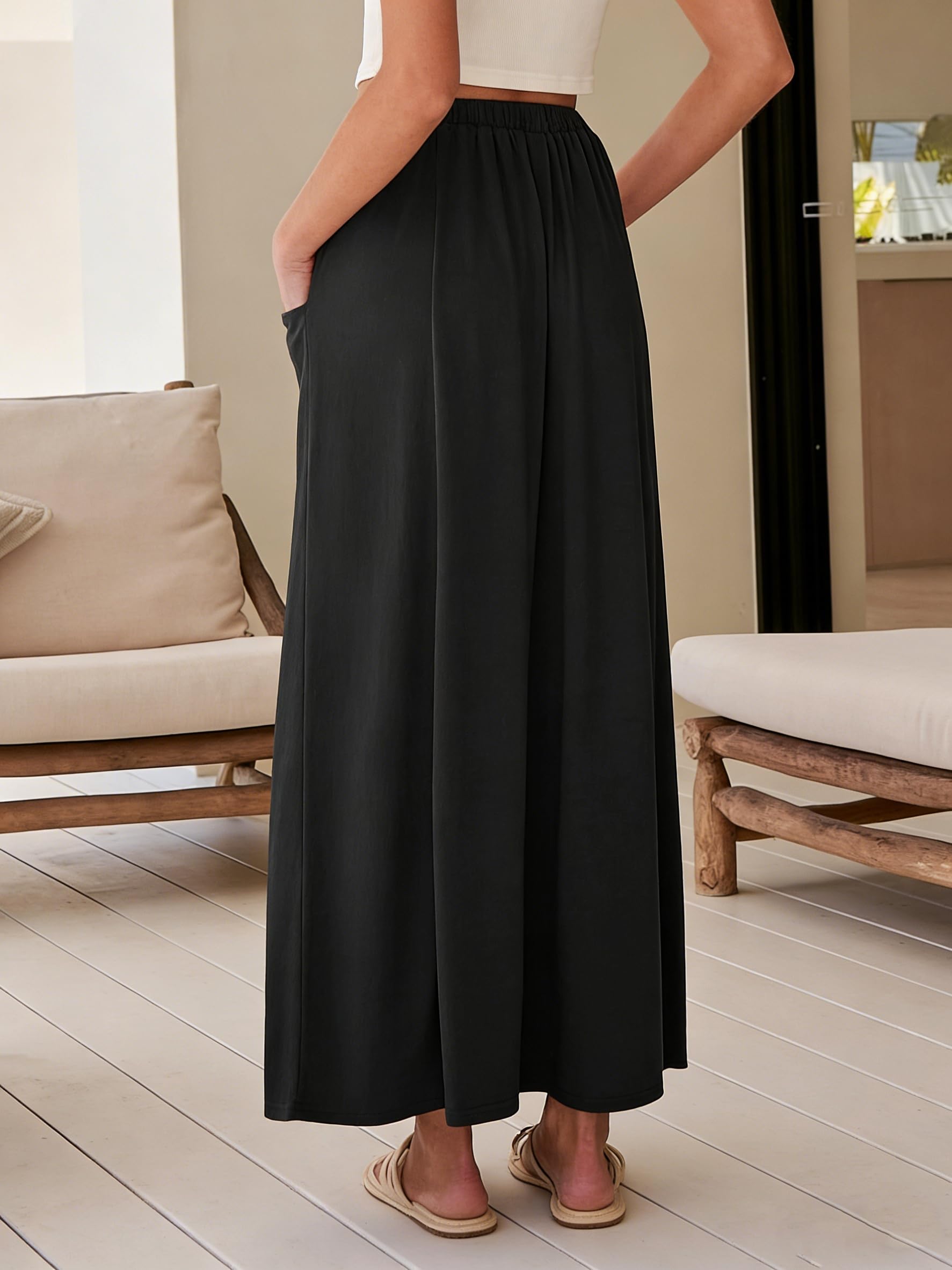 Jupe Femme Casual Jupe D'été Maxi Jupe A-Ligne Élégante Maxirock avec Cordon Longue Jupes Élastiques avec Poches
