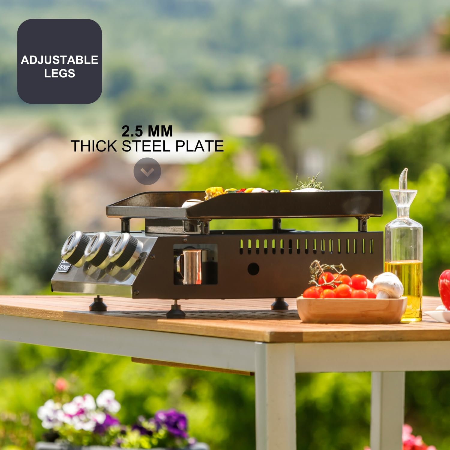 Black+Decker – Plancha de gas BXOP7350E | 3 quemadores | Parrilla de acero | Amplia superficie de cocción | 12 Personas | Para bombona gas estándar España/Italia | Patas Ajustables | Limpieza Fácil
