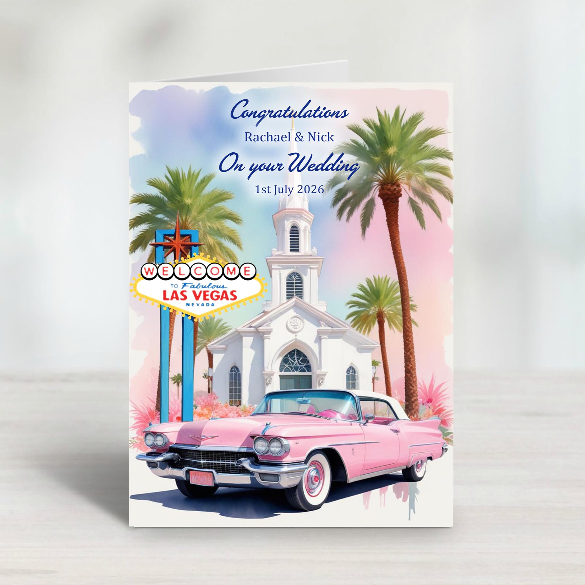 Personalised Las Vegas Wedding Congratulations Card – Retro Vegas Chapel Wedding Card with Classic Pink cadillac Car. Suitable for weddings or anniversaries and perfect for those who have eloped!