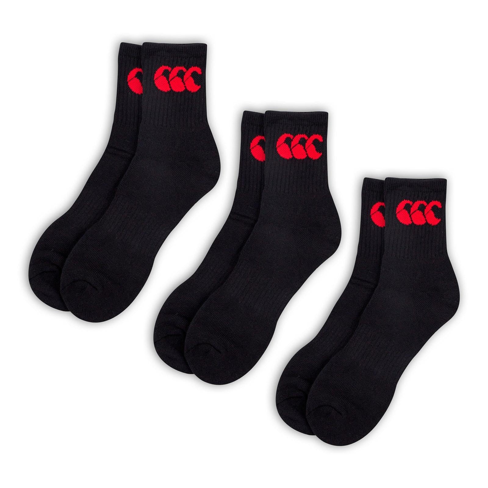 Canterbury Adult Unisex Crew 3 Pack Socks | Cotton Rich | CCC Logo Socks, Black/Red, S