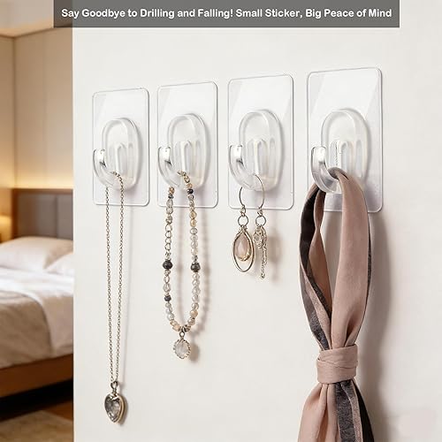 Miniatura 8 de Paquete de 54 pequeños ganchos adhesivos de pared, mini ganchos transparentes con tiras adhesivas, ganchos adhesivos libres de daños para colgar