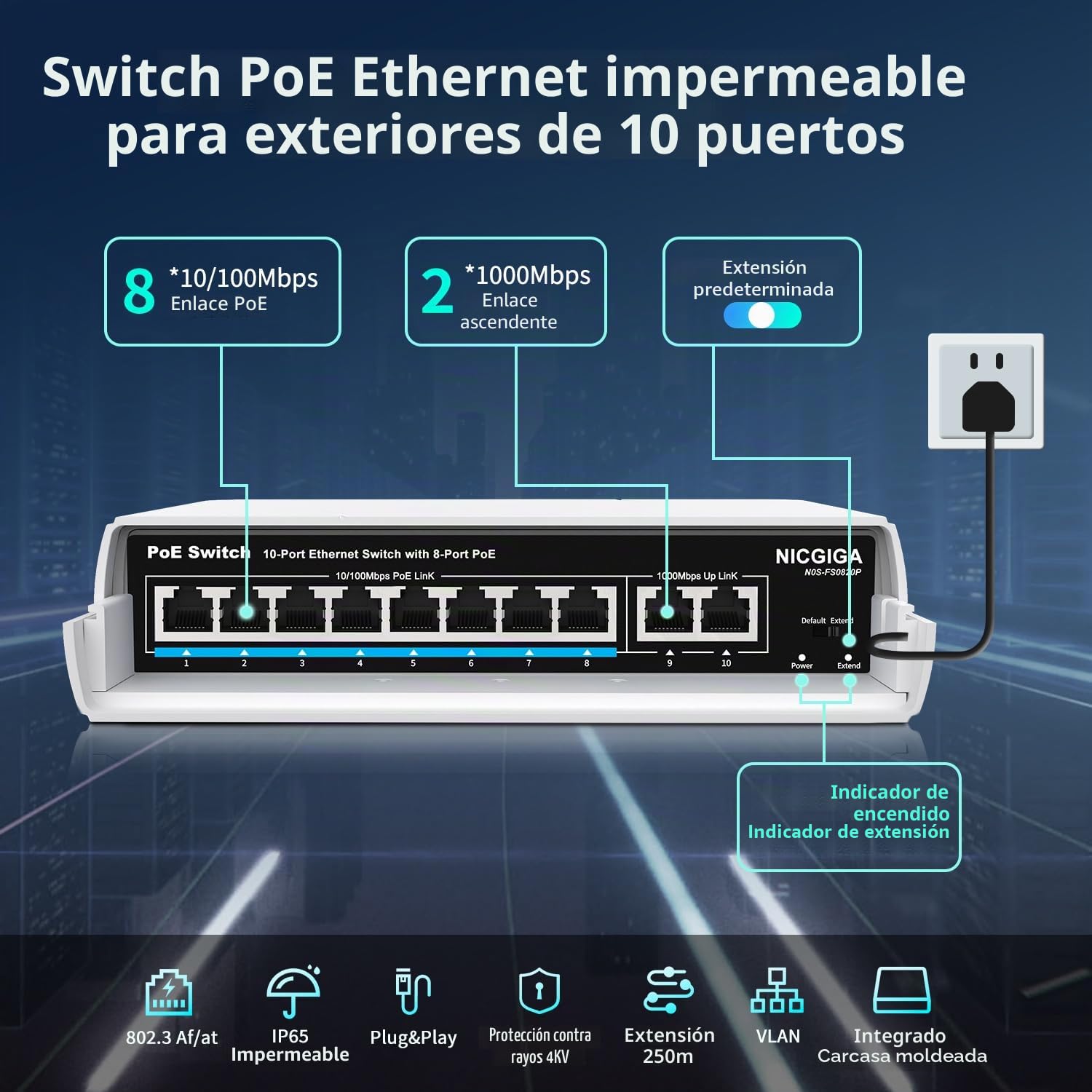 Conmutador PoE impermeable de 8 puertos con 8 puertos PoE+@120W + puerto Gigabit Uplink - NICGIGA Outdoor 10 puertos IEEE802.3af/at - Conmutador de alimentación Ethernet no gestionado con VLAN y
