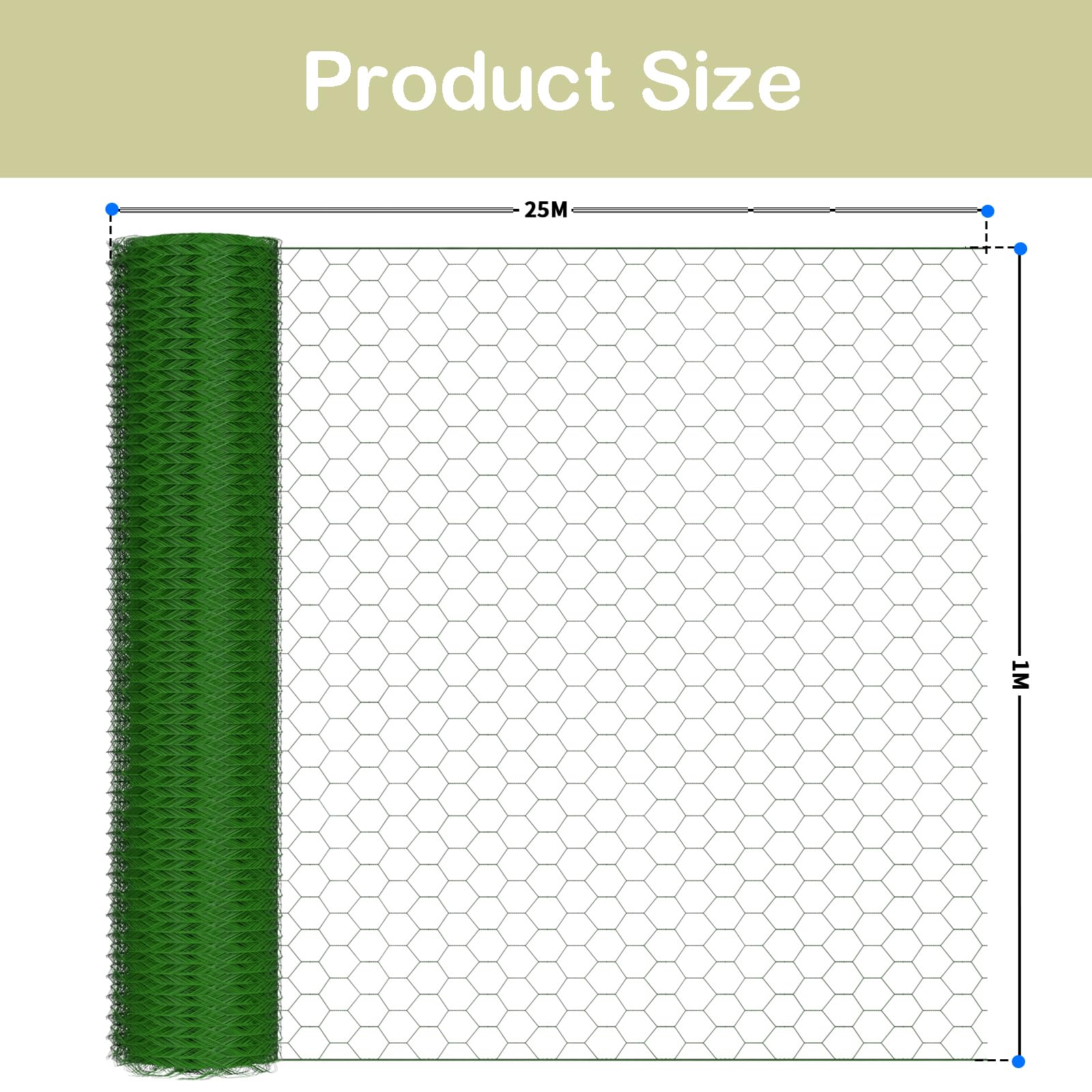 Rouleau de grillage hexagonal en PVC pour poules - 1 m x 25 m - Épaisseur : 0,7 mm - Trous de 25 mm - Pour animaux, fenêtres et jardin