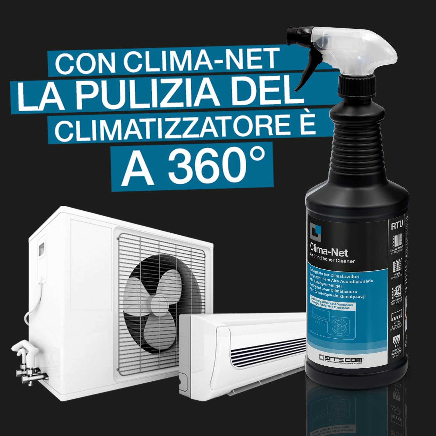 Errecom Clima-Net, Detergente per Climatizzatori, Filtri, Batterie Alettate, Deflettori e Unità esterne, Pulizia Profonda Condizionatore, Rimuove Sporco e Cattivi Odori, 6 flaconi x 1 L