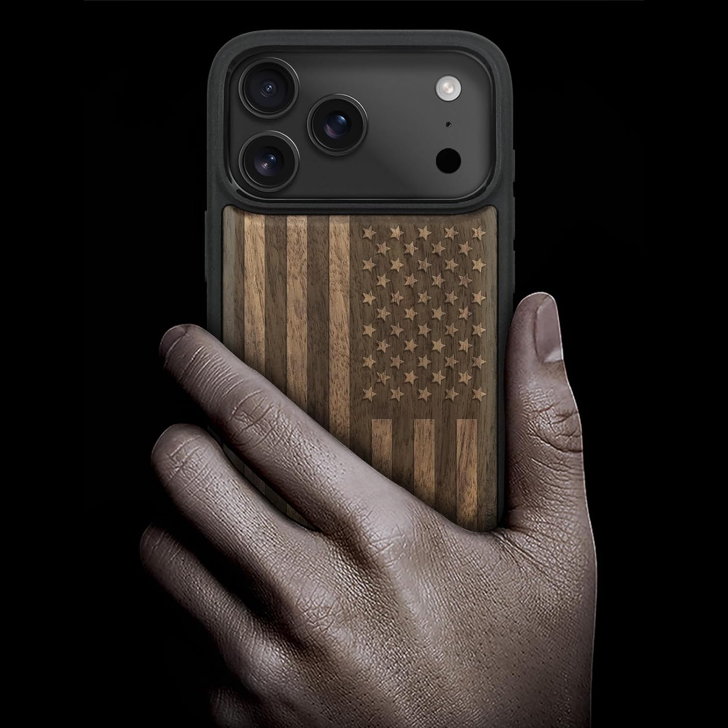 Carveit Magnetic Wooden Case for iPhone 17 Pro Max Case, Wood Artisan Engraved & Black Soft TPU Shockproof Cover, Compatible with MagSafe Wireless Chargers (The Classic American Flag) Walnut - Image 2