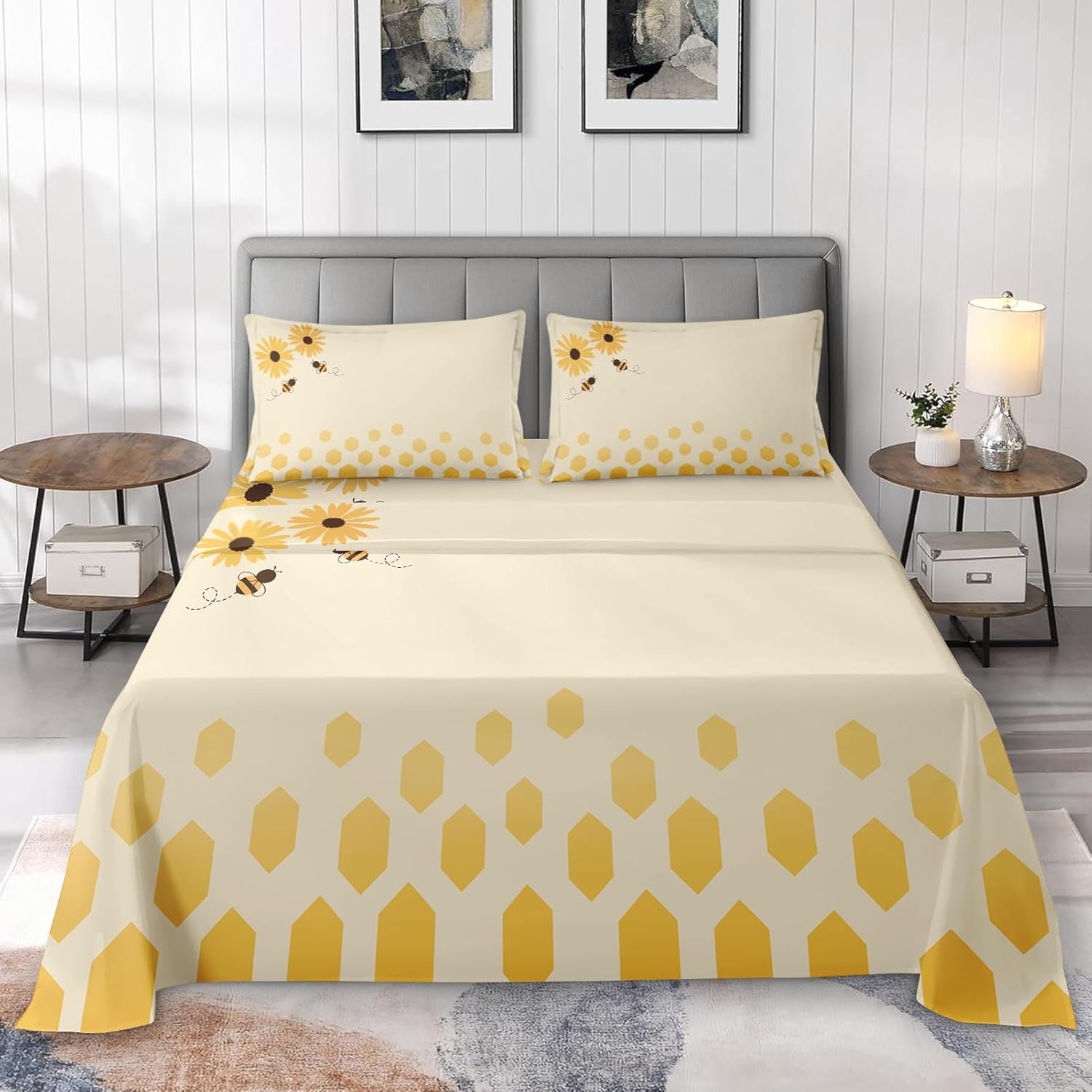 4 Pcs Fitted Sheet Set King Size, Honey Bee Themed Yellow Sunflower, Bed Decor Cute Daisy Flower Bumble Honeycomb Bedroom Sets Pillowcase Bedsheet Bedding Flat Sheet for Kids and Adults