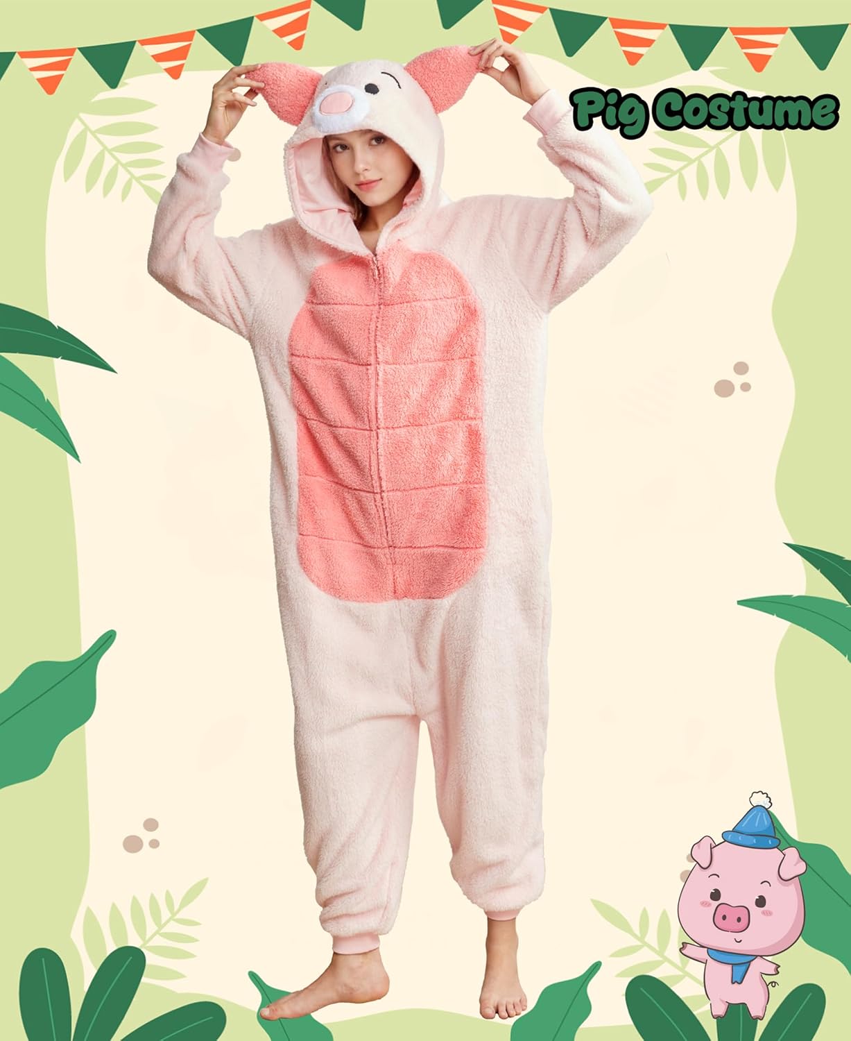 Adult Pig Costume Cute Pig Onesie Pajamas Hooded Zipper Halloween Animal Cosplay Costume for Women Men - Image 3