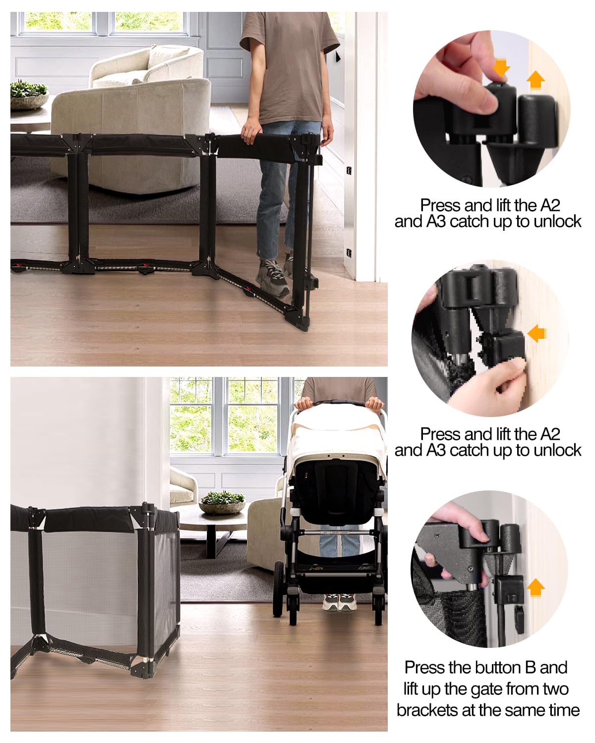 Derimkcoa Barrière de Sécurité Enfants pour Cheminée avec Porte 210 cm, 3 Pièces Barrière Escalier Pliable Bébé, Protection Enfants et Animaux, Grille de Sécurité pour Poêle
