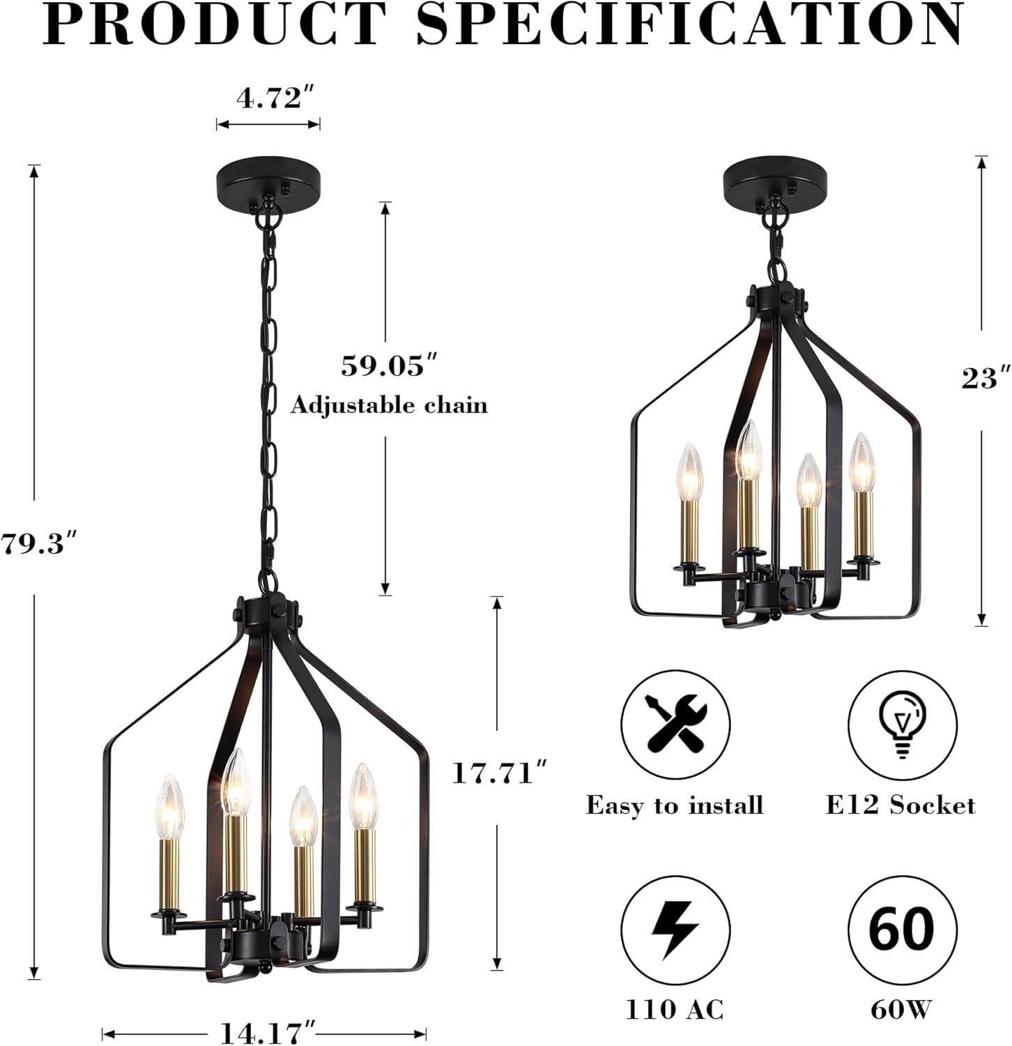 4-Light Black and Glod Chandelier, Geometric Farmhouse Cage Pendant Light, Adjustable Industrial Rustic Fixture for Dining Room, Kitchen Island, Entryway & Bedroom