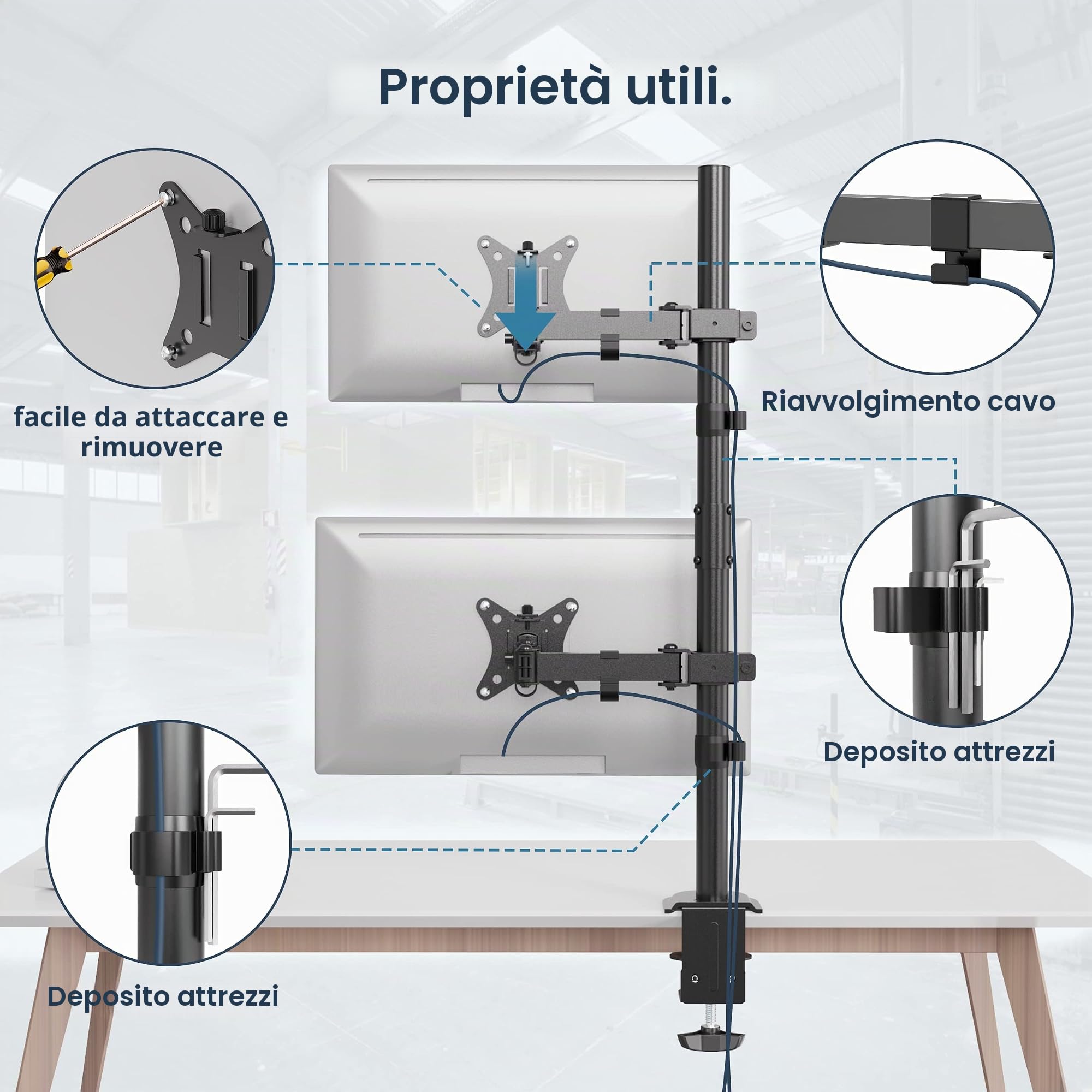 WORLDLIFT Supporto per Doppio Monitor Verticale per Schermo LED LCD da 17-32 Pollici Supporto VESA 75/100 mm Lunghezza dell'asta 80 cm Regolabile in altezza Capacità di peso 8KG