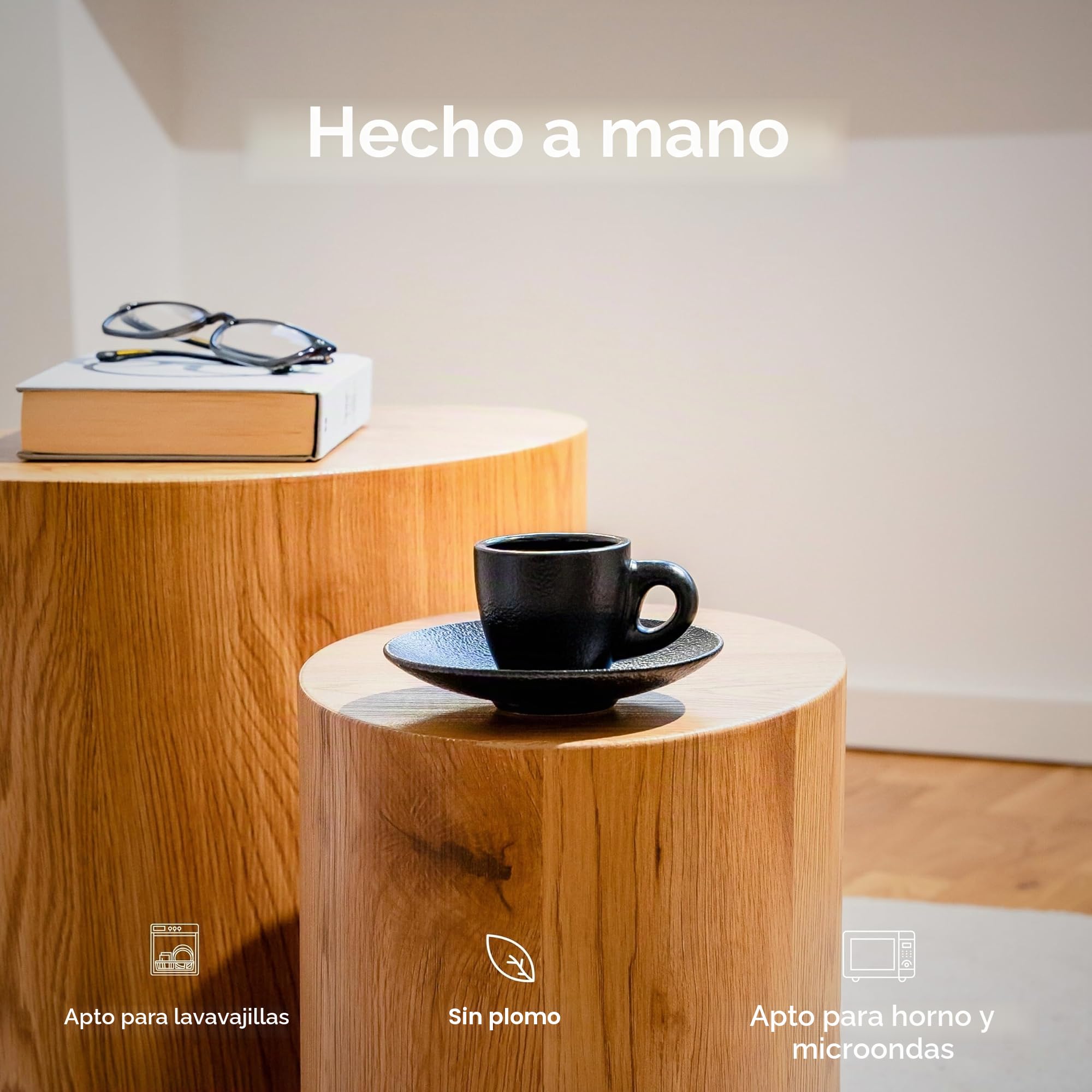 KIVY Juego de 4 Tazas de Espresso de 3 Onzas - Gres de Pared Gruesa, Estilo Italiano Con Platillos, Café Demitasse