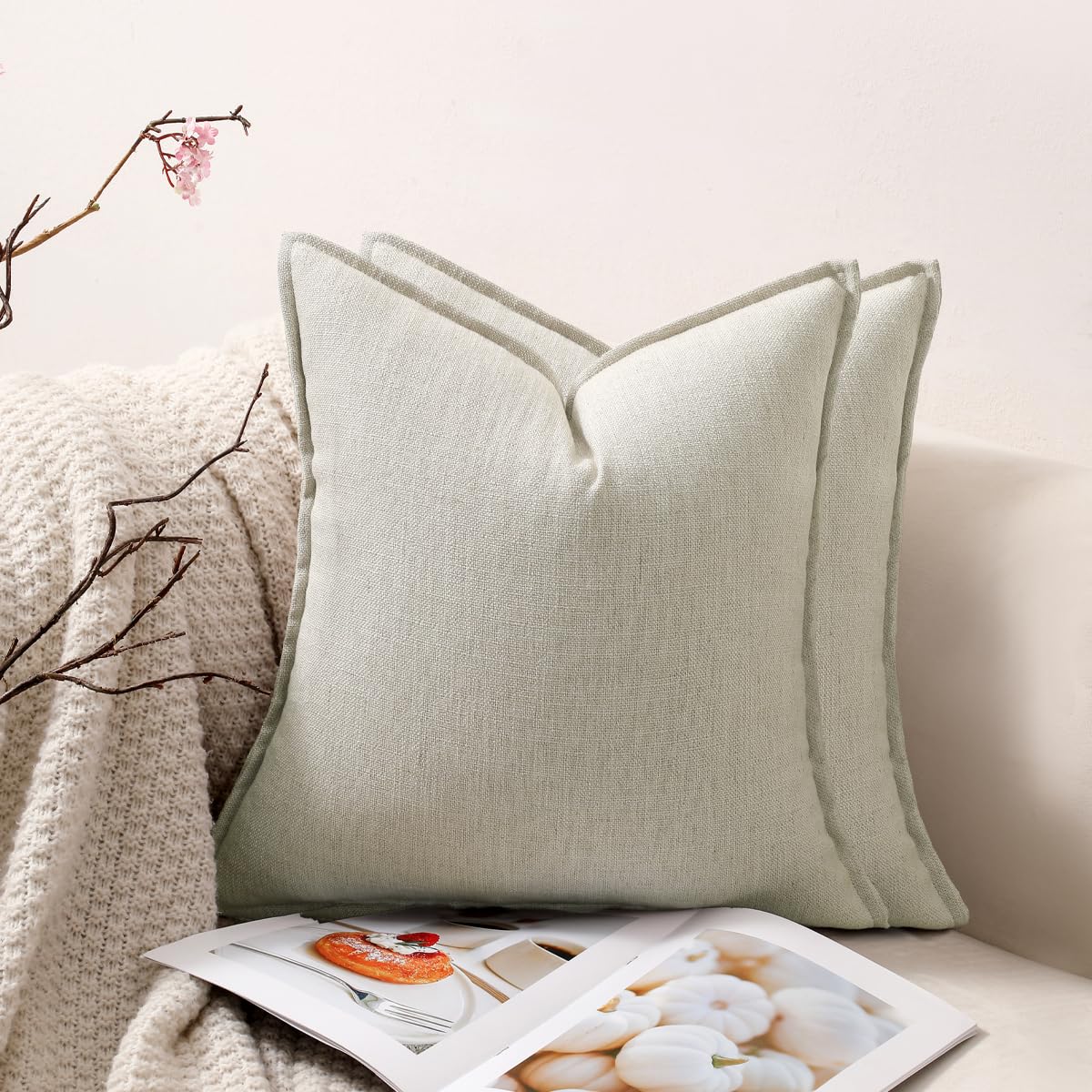 HOMTRYLIC Cushion Covers Set of 2 Decorative Boho Throw Pillow Covers 40x40cm Soft Accent Farmhouse Neutral Cushion Pillow Cases Vintage Pillowcase with Flange for Sofa Bedroom Home Decor, Light Grey